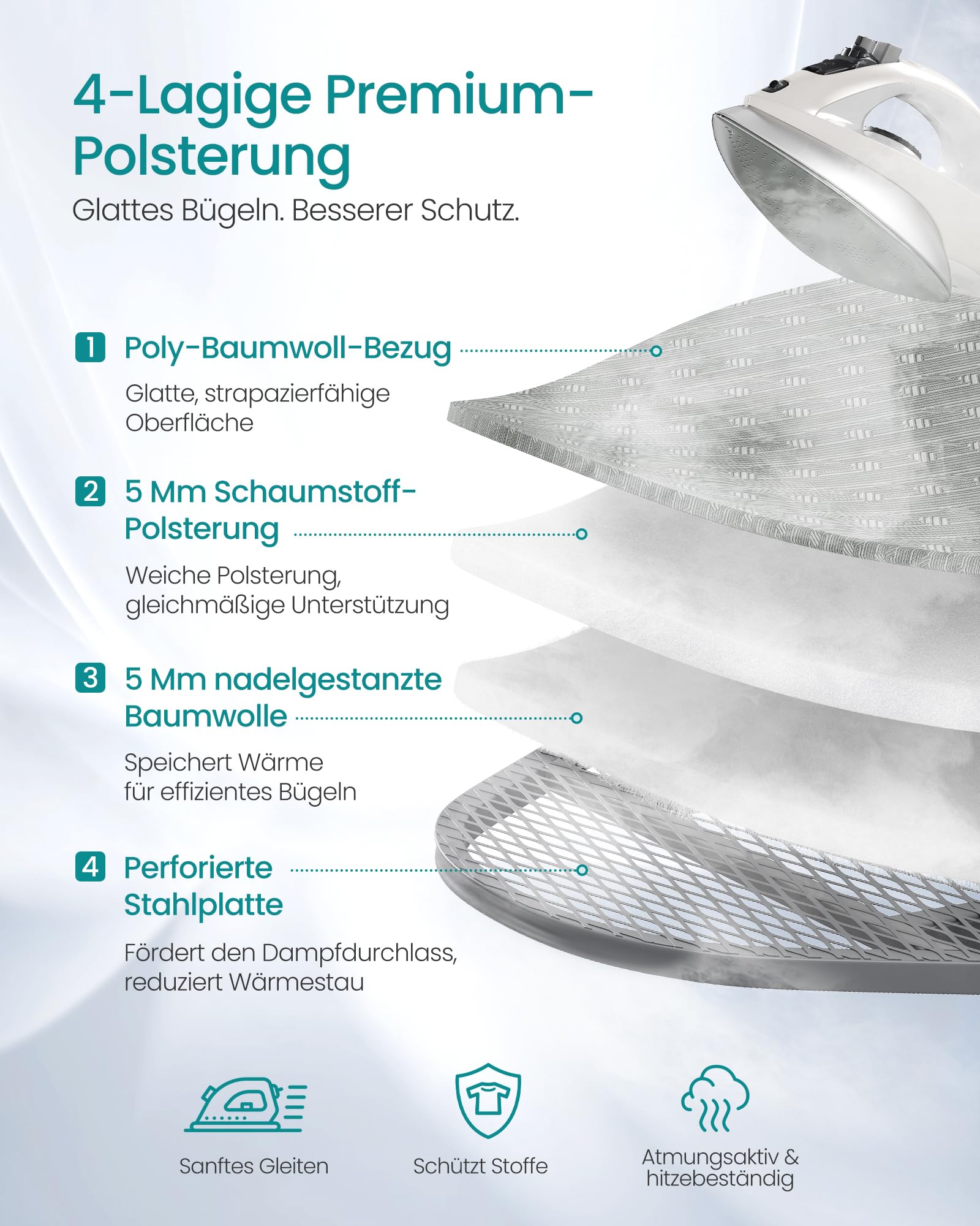 SONGMICS Bügelbrett mit Steckdose und Ablage, Bügelfläche 129 x 38 cm, Höhenverstellbar, für Dampfbügeleisen, Taubengrau, BORIX Kollektion LLB022G101