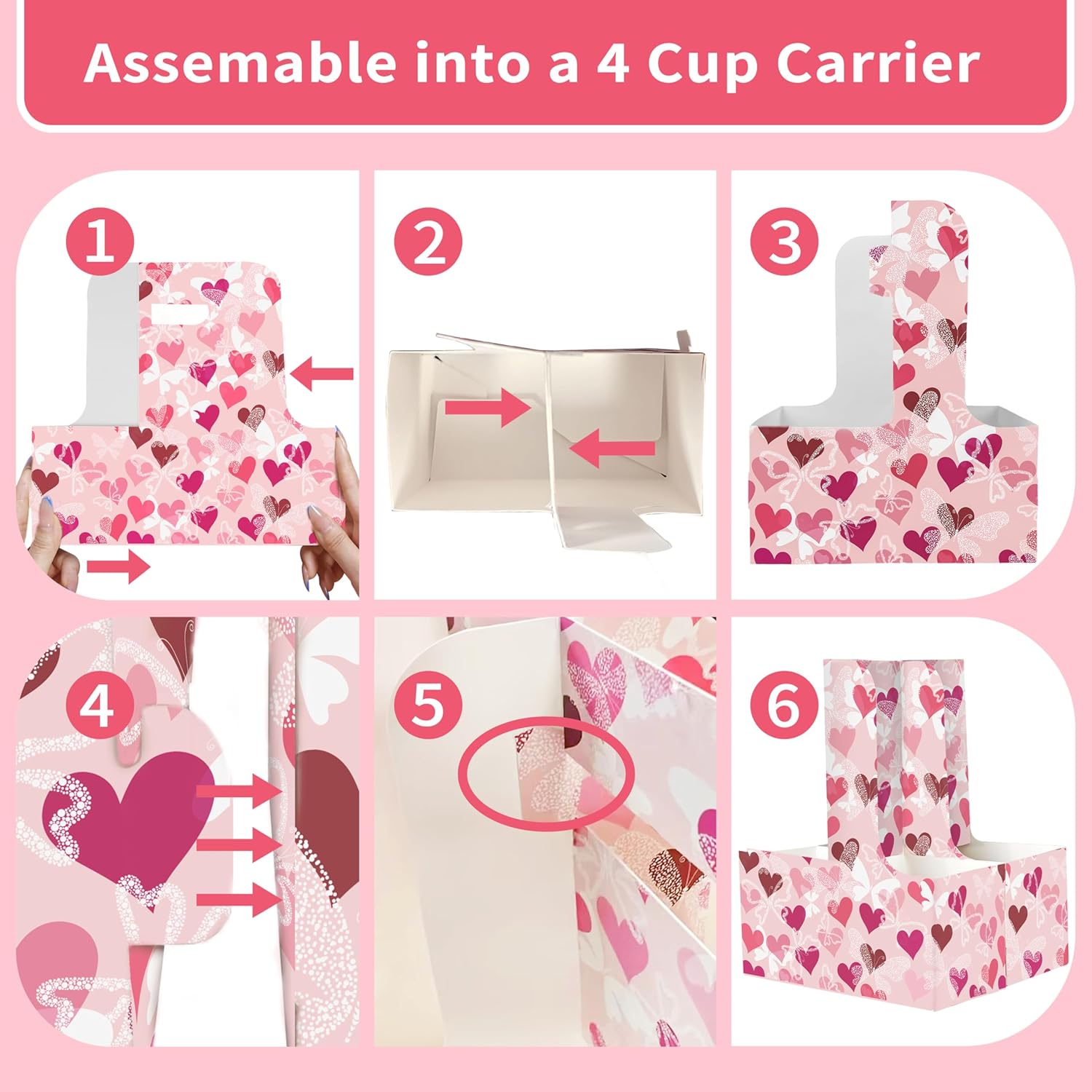 8 Set Drink Carrier,Cardboard Cup Holder with Love, Coffee Cup Holder with Handle,Coffee Carrier with Greeting Card and Ribbon for Valentine's Day Gifts Party Gift,Pink - Image 5