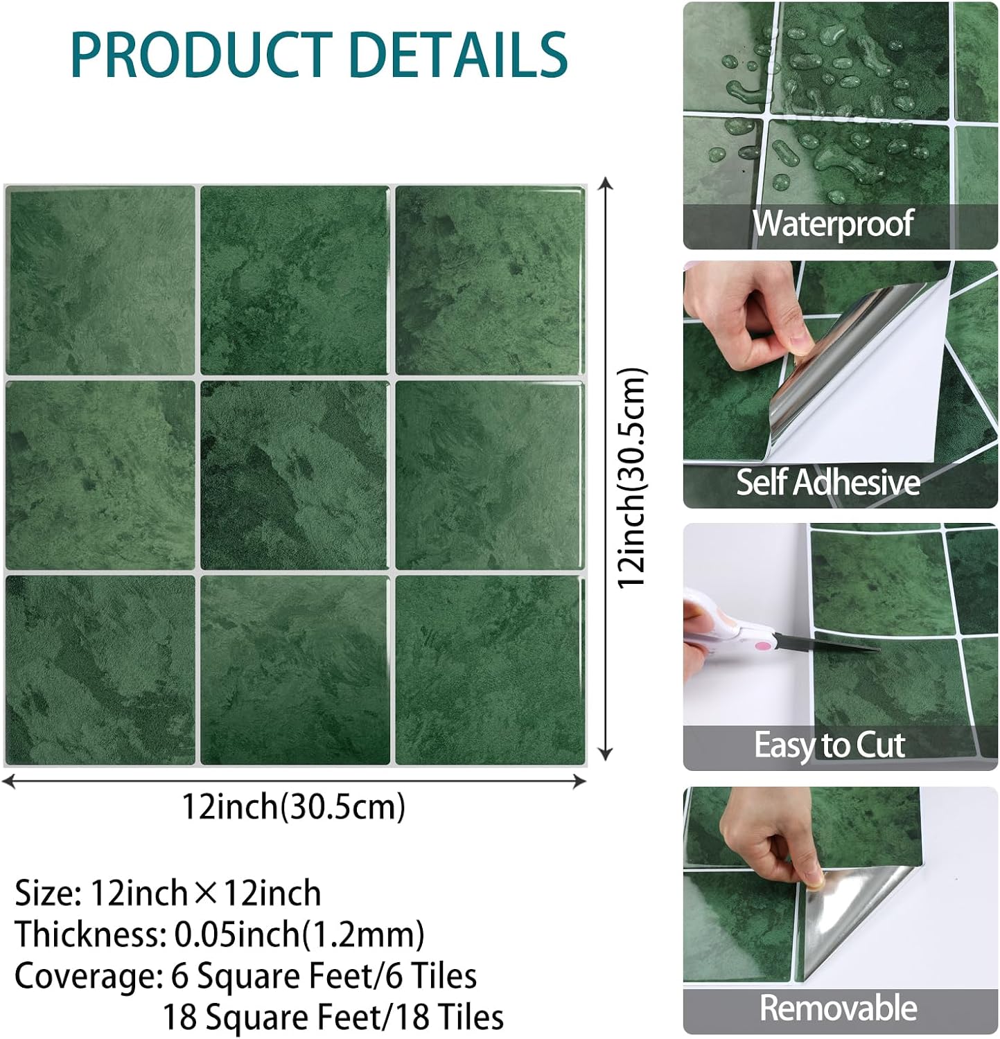 VaryStyle Backsplash Tile Peel and Stick Wall Tiles Emerald Green Peel and Stick Backsplash for Kitchen Wall Stickers 18-Sheet 12"x12" Marble Square Tile Self Adhesive Sticky Back Splash for Bathroom