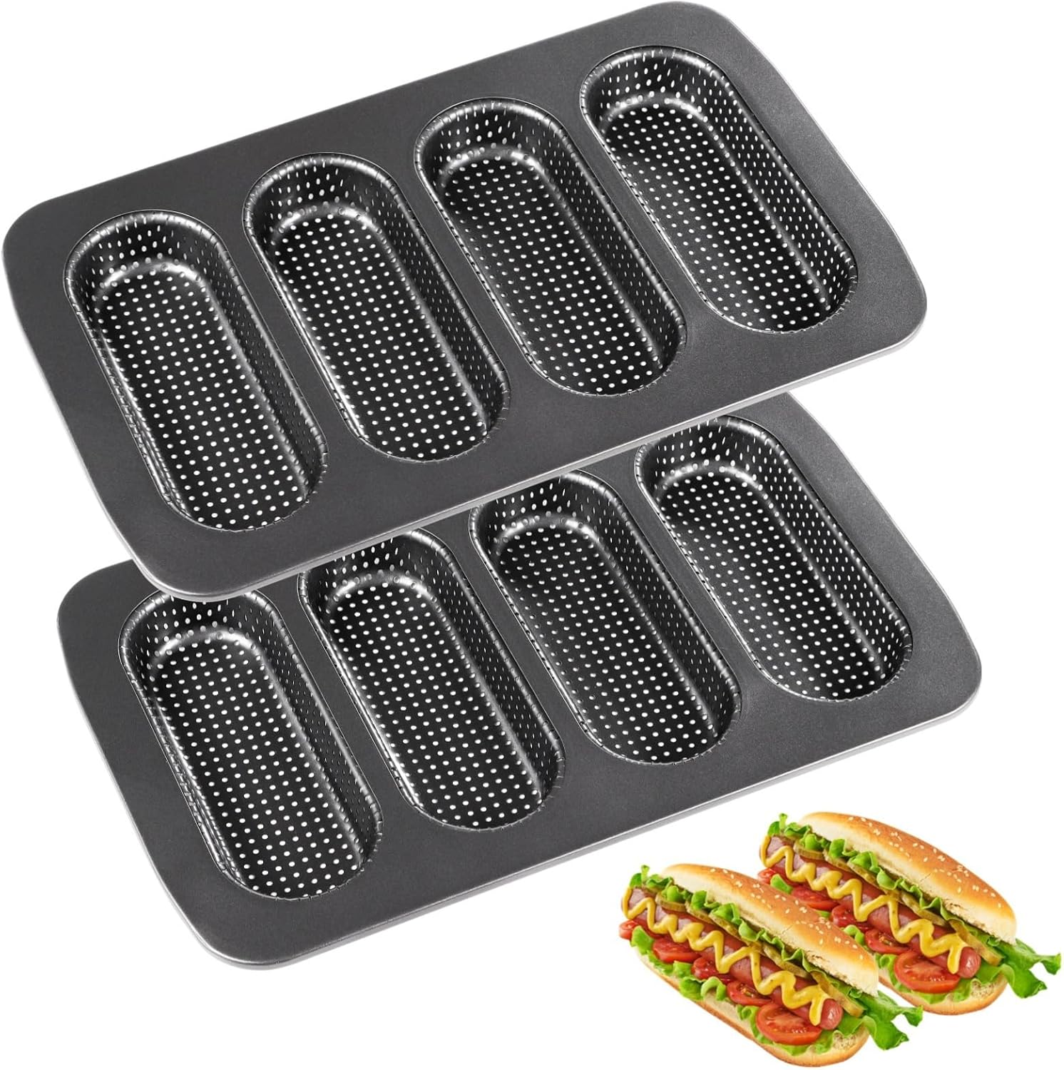 Perforated Holes Carbon Steel Hotdog Bun Molds, Hot Dog Bun Pans Set, 2 Pcs Non-Stick Bread Forms, Crispy Mini Sandwich Baking Trays for Hot Dog Bun Rolls