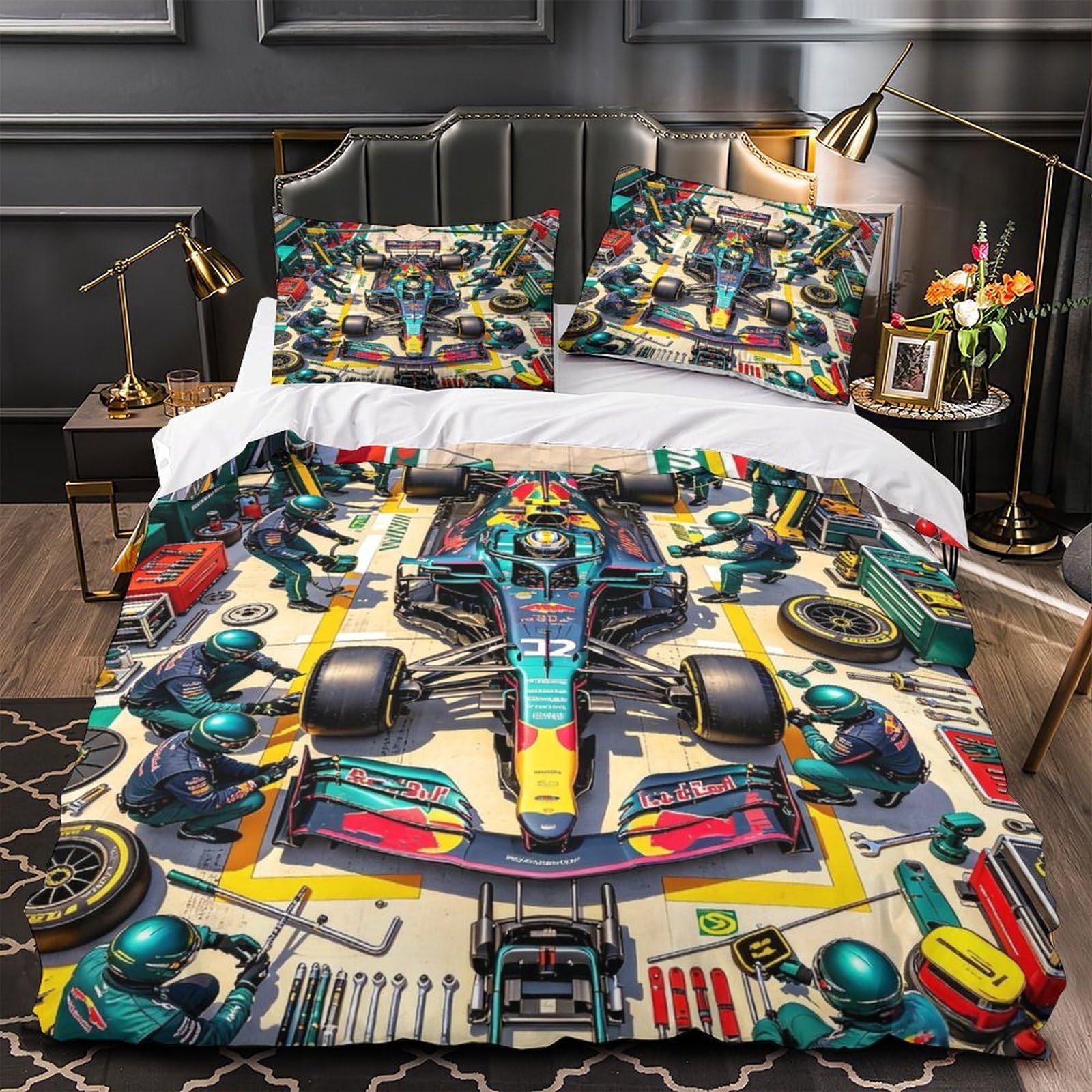 DAFUfbw 3D Formulaa Racing Duvet Cover With Hidden Zipper, Pit Stop Quilt Cover with Pillowcases, Formulaa Racing Bedding Set Soft Microfiber Double（200x200cm）
