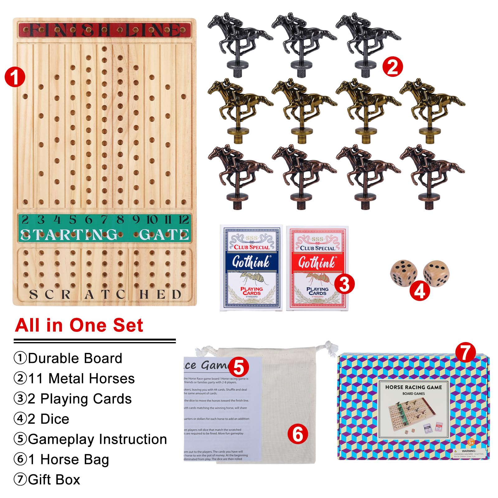 Horse Race Board Game, Thickened Wooden Chessboard with 11 Luxurious Durable Metal Horses - Image 2
