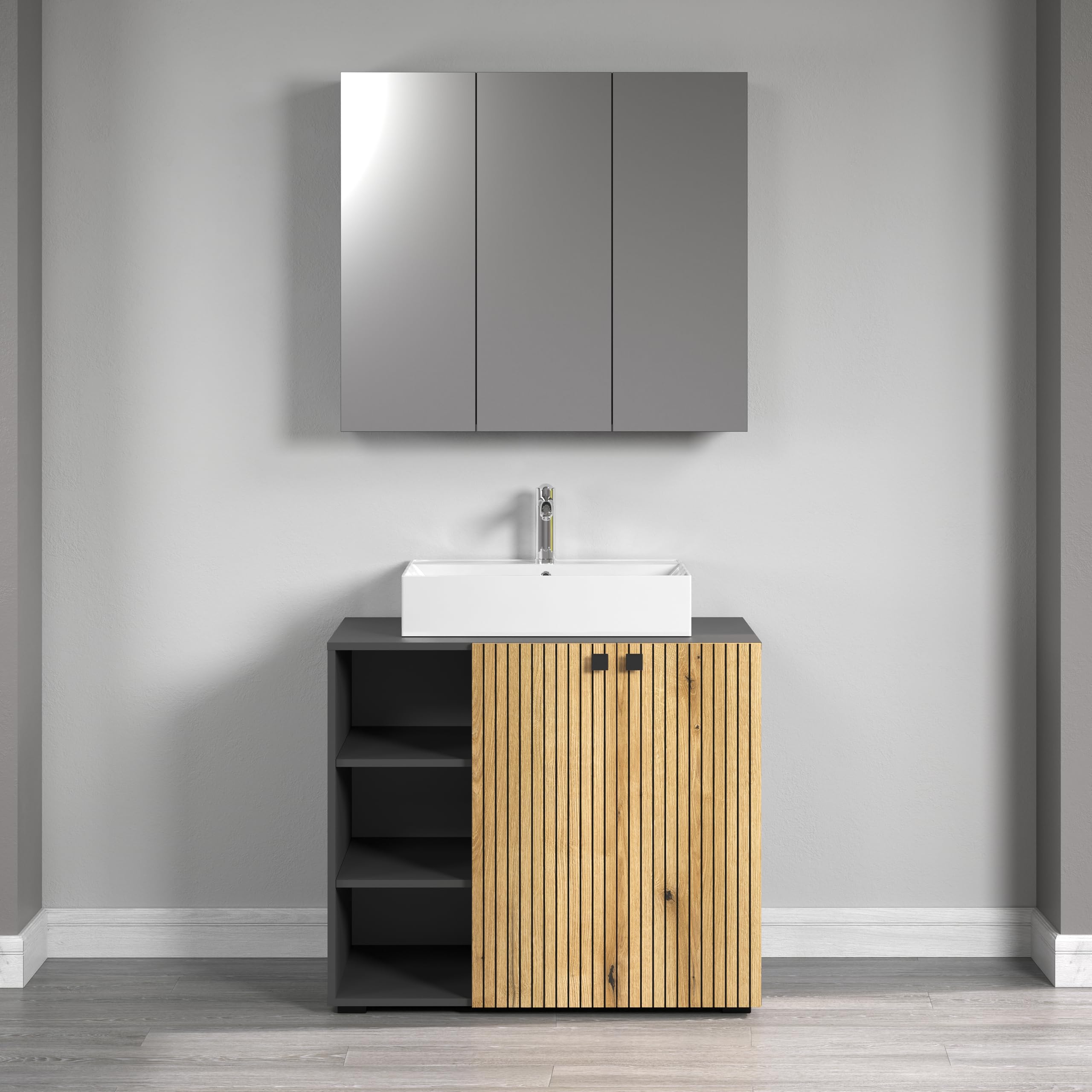 trendteam smart living - PureBliss - Armario con Espejo - Antracita/Evoke Roble - Efecto surco - 9 Compartimentos + 6 estantes - (90 x 80 x 20 cm) - Puerta Central Izquierda y Derecha