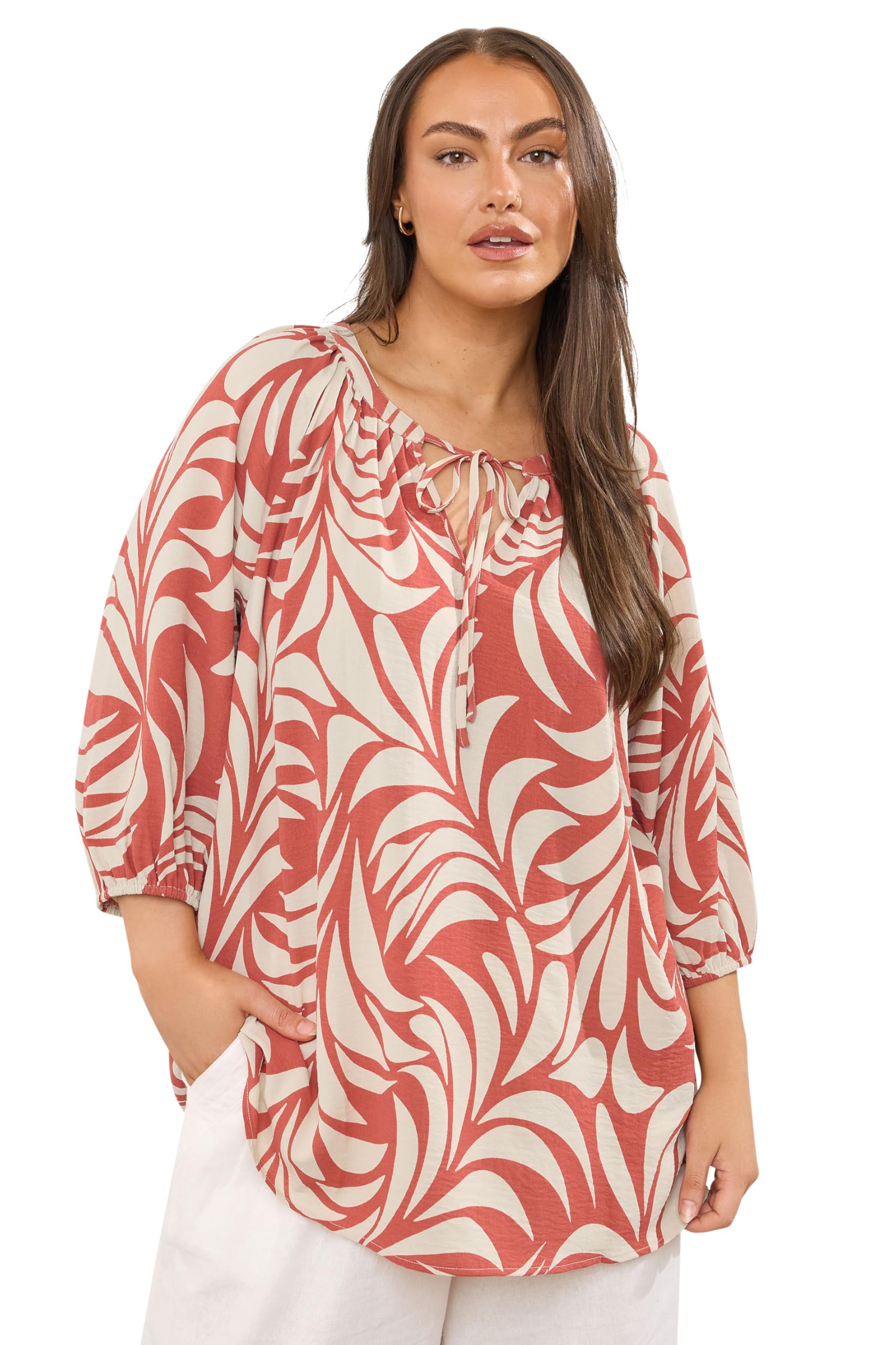 Evans Women's Orange Plus Rust Leaf Print Tie Neck Blouse Size 22-24