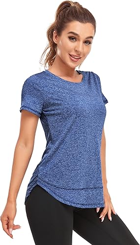 Miniatura 3 de Camisas de entrenamiento de manga corta para mujer, cuello redondo, deportes, yoga, correr, ajuste seco, camiseta con abertura lateral