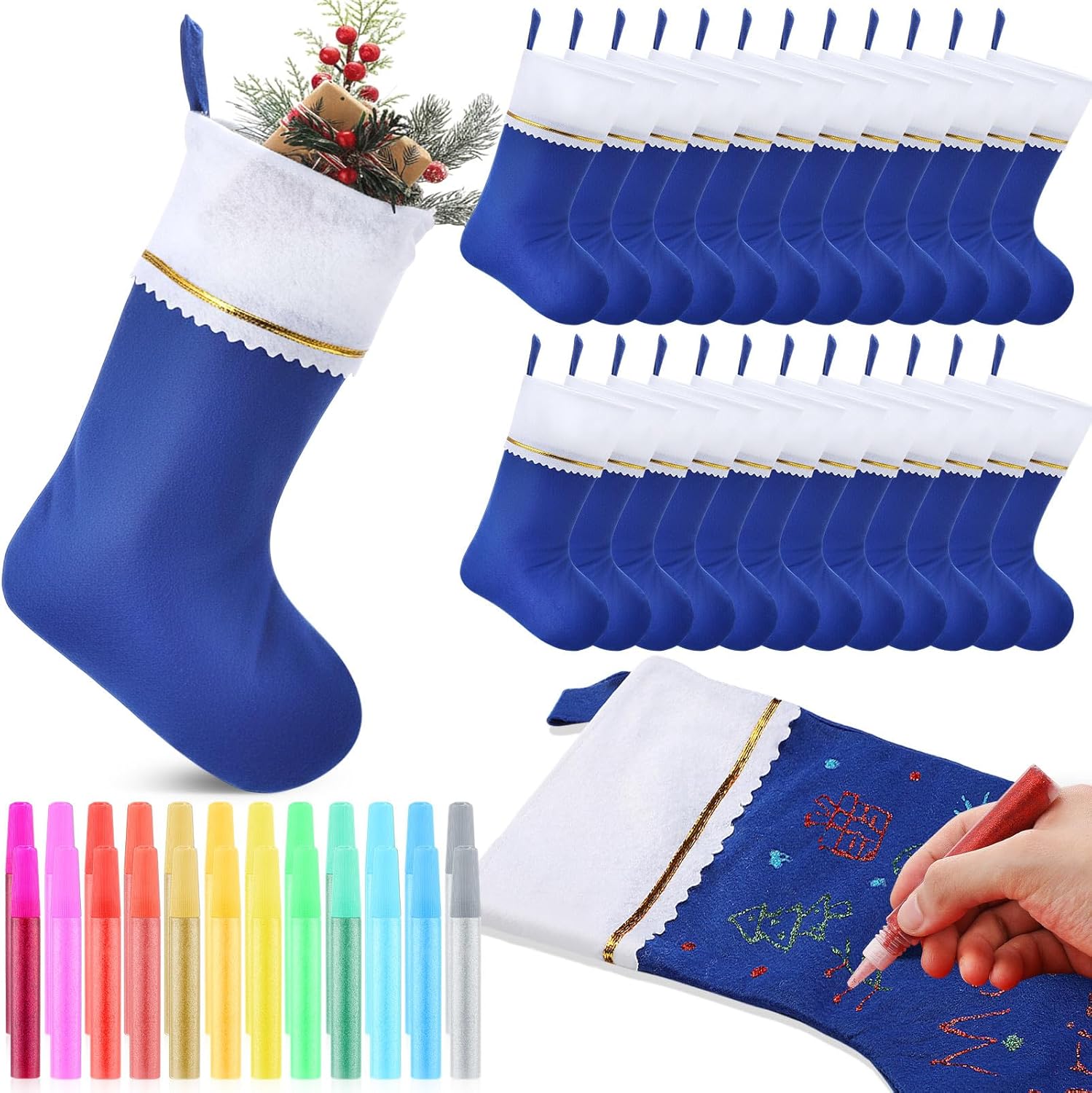 shinymoon 24 pcs felt christmas stockings bulk and 24 pcs 12 colors glitter pens for diy 19 inch party favors diy stockings christmas hanging ornaments white cuff with gold trim(blue, 19 inch) 48 blue 19 inch