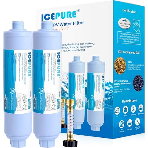 ICEPURE RV Water Filter system for Garden, RV, Pool, Camper, Marine, Boat Hose for Drinking, Car Washing, Gardening, Planting, Spa, Reduces Chlorine, Odors, with 1 flexible hose protector, 2PACK