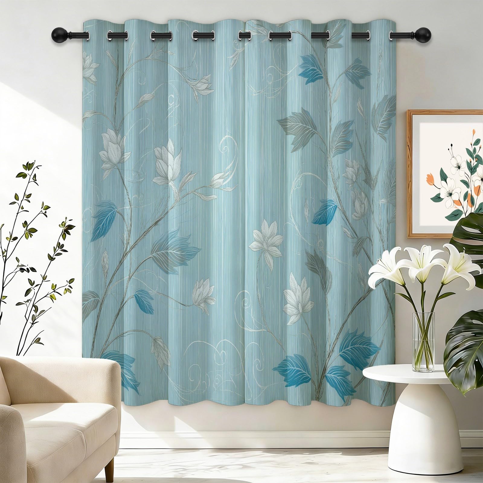 Wirujące i botaniczne minimalistyczne zasłony okienne 70 l x 240 H cm (2 panele), gruba izolacja termiczna 240g/m² do drzwi okiennych, biura, sypialni, jasnoniebieskie