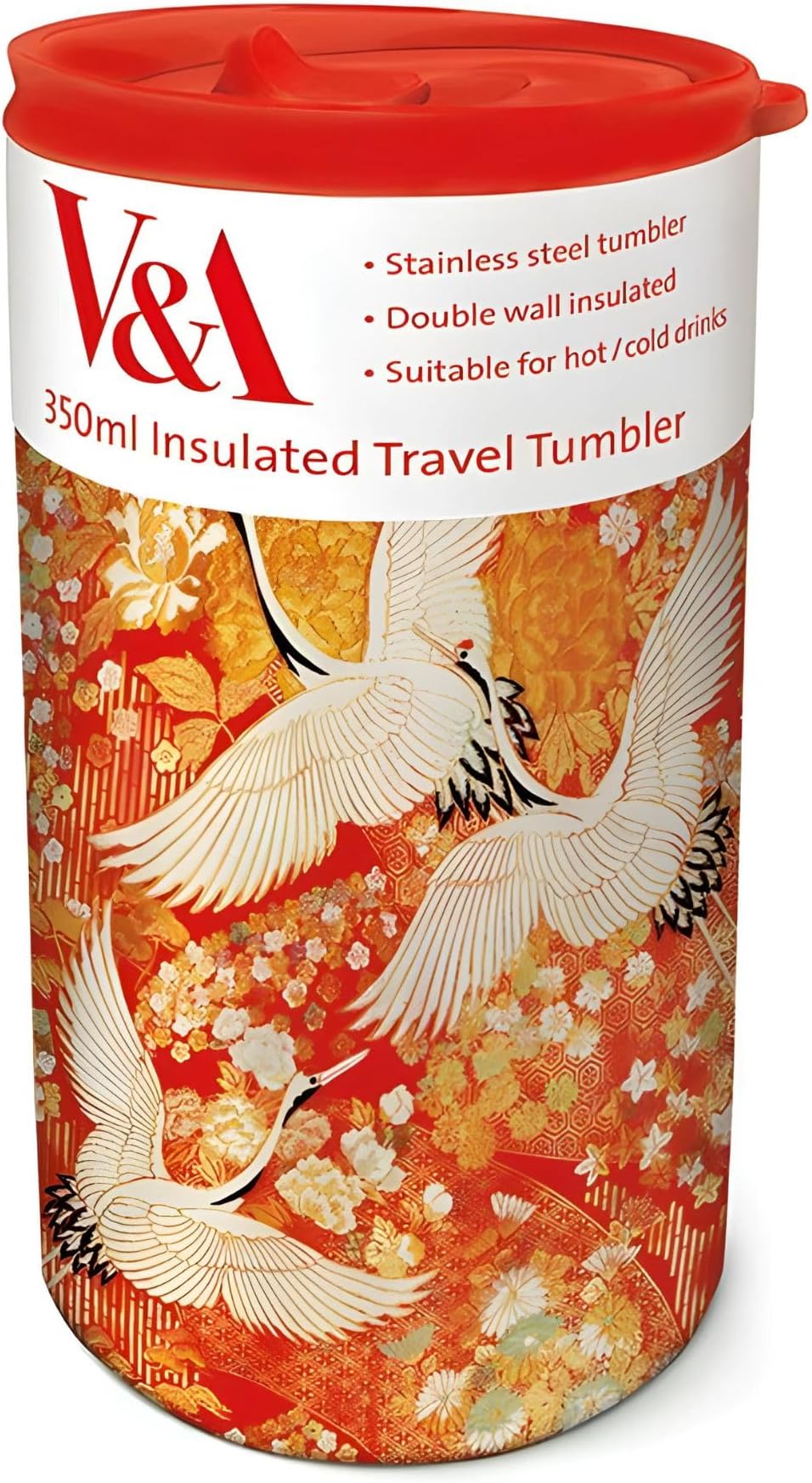 Museums & Galleries Insulated Travel Tumbler - Kimono Cranes Oriental Design - V&A Museum - 350ml Stainless Steel Cup - Re-Usable Mug