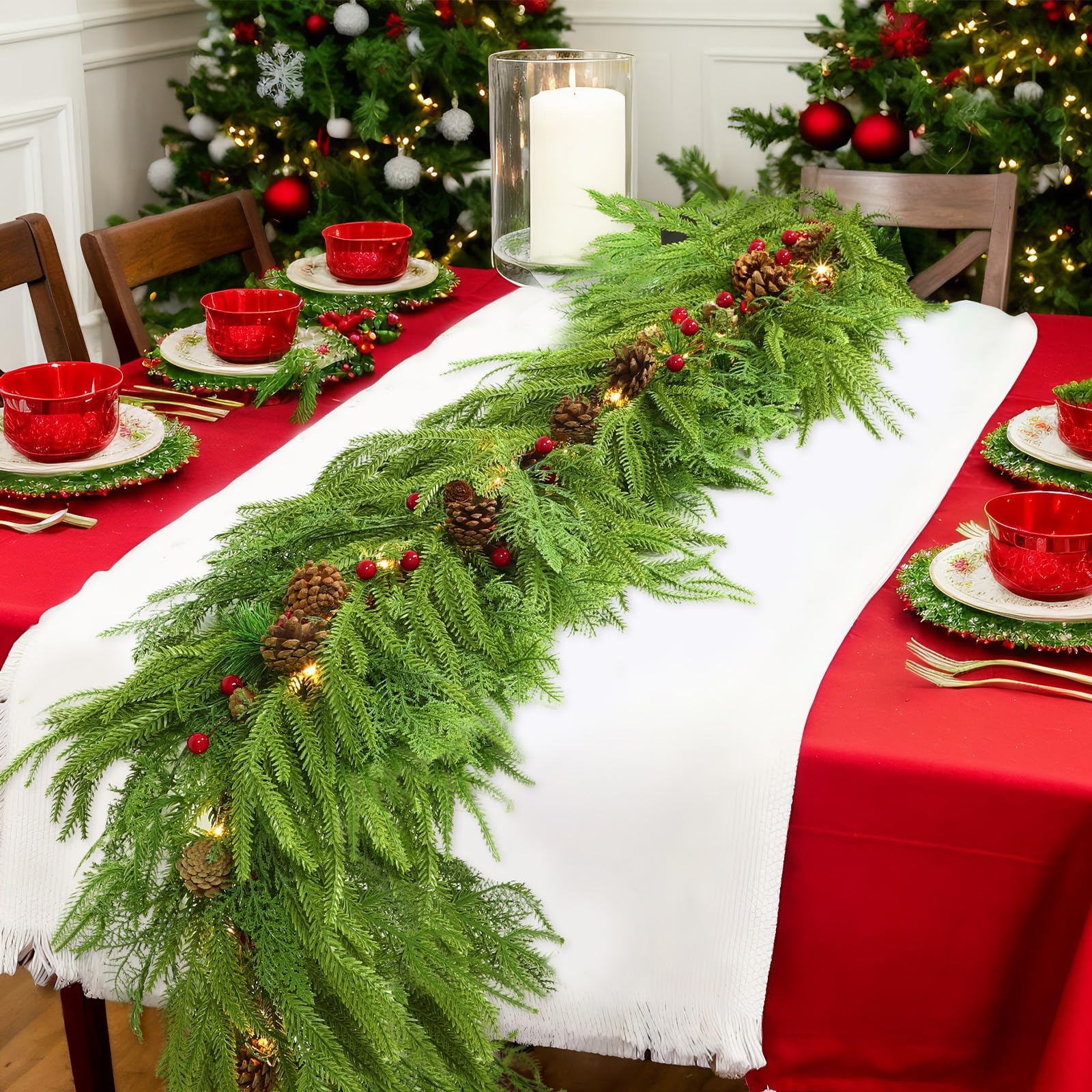 Guirlande de verdure artificielle lumineuse pour table de Noël 2,7m