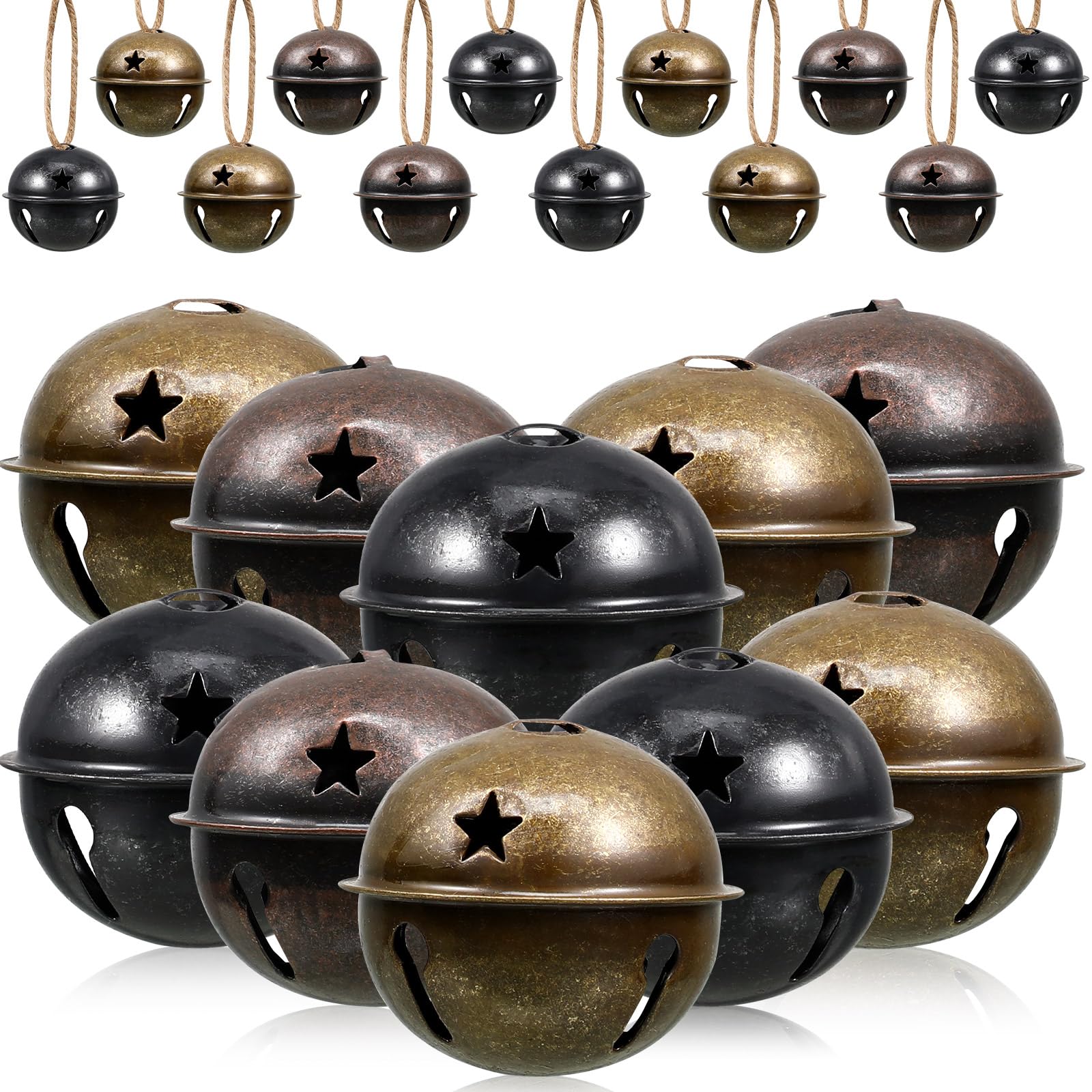 Zubebe 2.5 Inch Christmas Bells Large Big Size, Christmas Star Cutout Colorful Sleigh Bell Ornament Metal Craft Bells for Gift Wrapping Christmas Tree Decor (Vintage Bronze,24 Pcs)