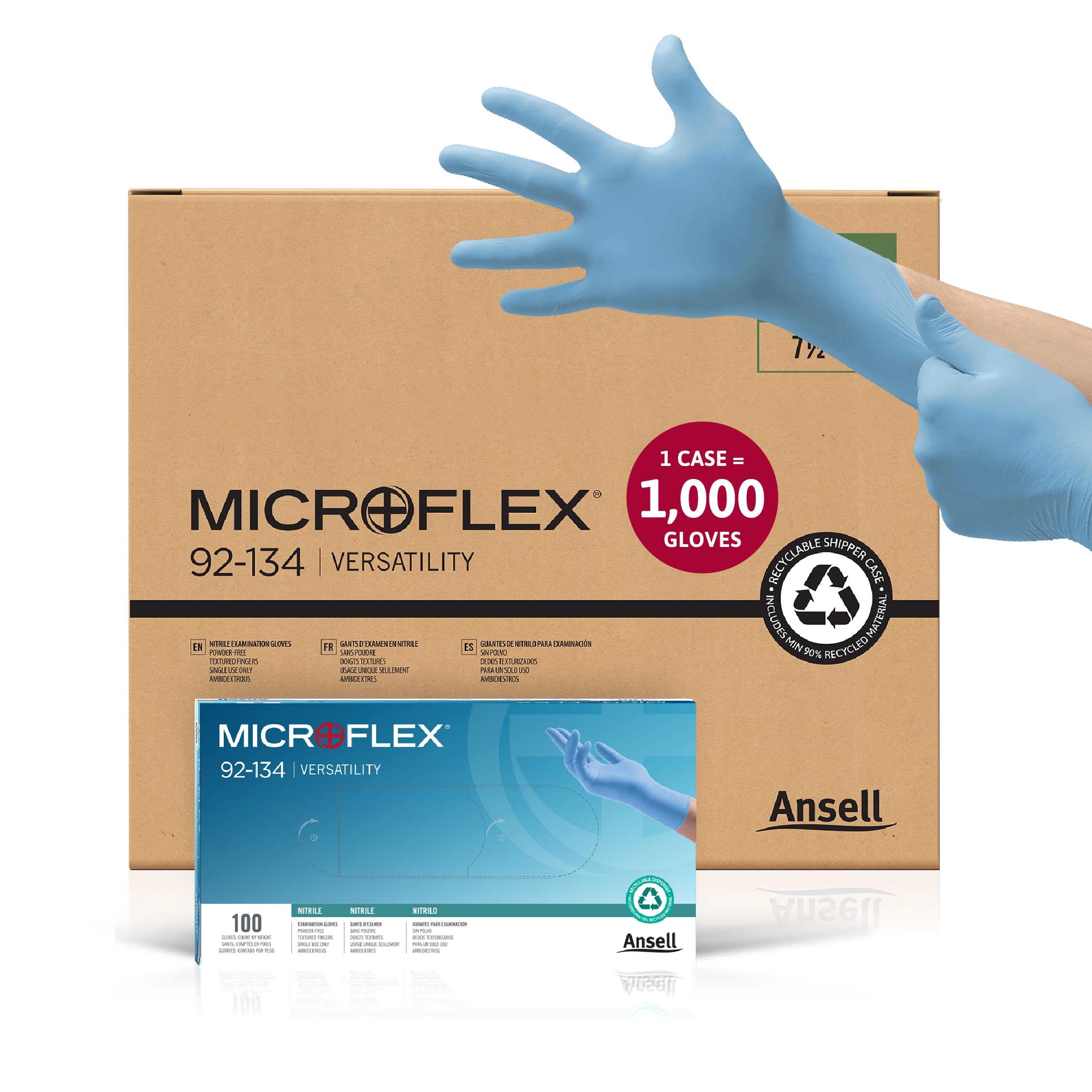 Ansell Microflex 92-134 Disposable Powder-Free Nitrile Gloves for Cleaning w/Textured Fingertips - Large, Blue (Case of 1000)