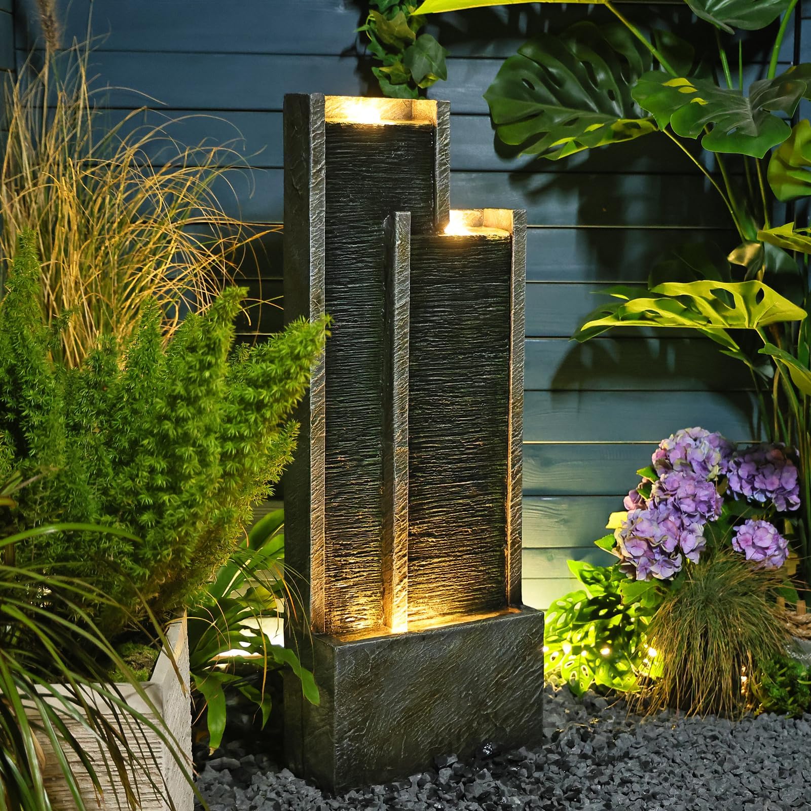 SERBILHOME Water Fountain Outdoor Garden- 35.43 Inches Square Outdoor Water Fountains Indoor with Led Lights Floor Standing Waterfall Fountain for Backyard and Garden Small Porch Home,Deck Resingreen