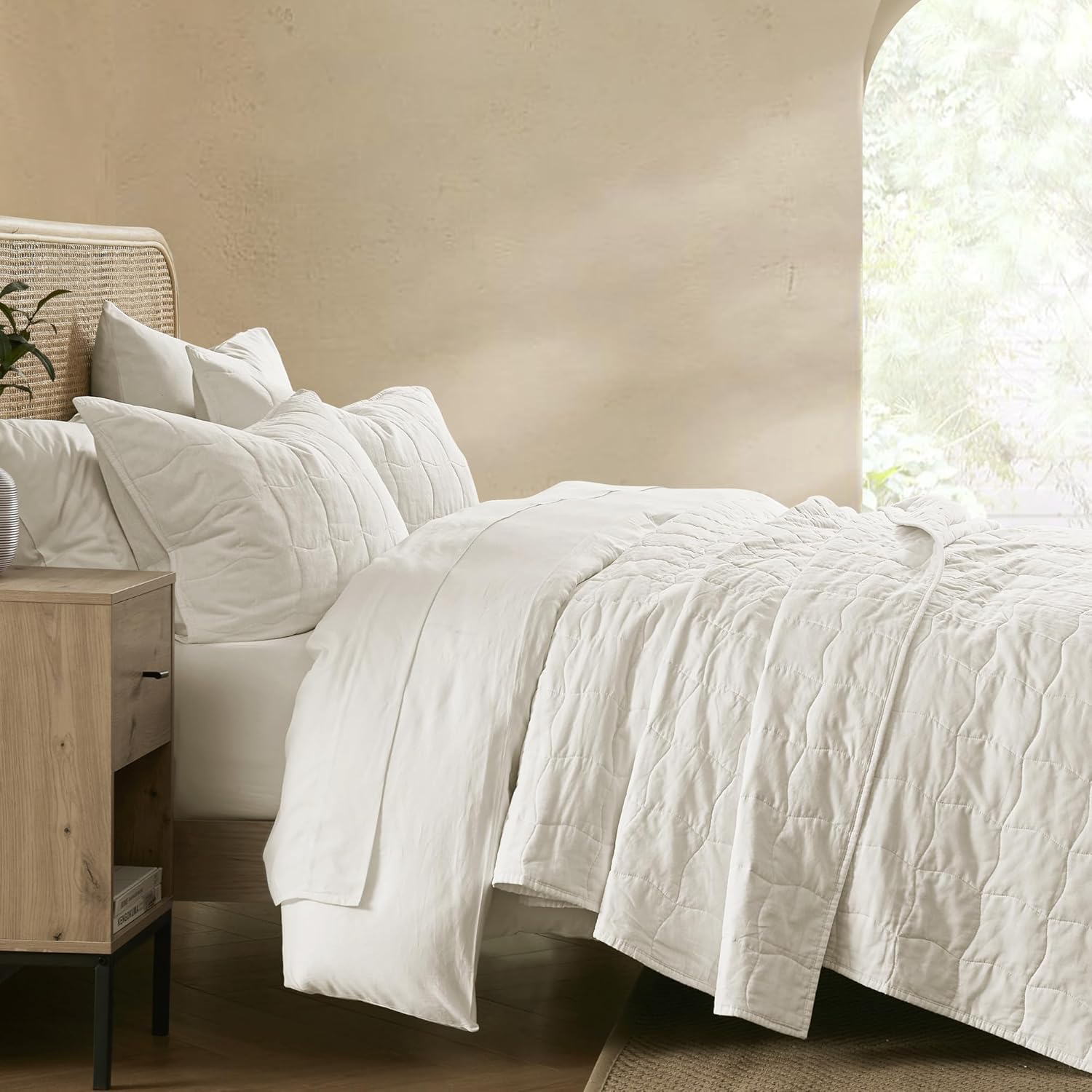 Wonderful Natural Linen Cotton Quilt - Wavy Box Stitched White King Quilt, 100% Cotton Filling, Pre-Washed, Soft & Breathable, Hypoallergenic, All-Season Use, Bedspread & Coverlet Bedding, 104"x94" - Image 2