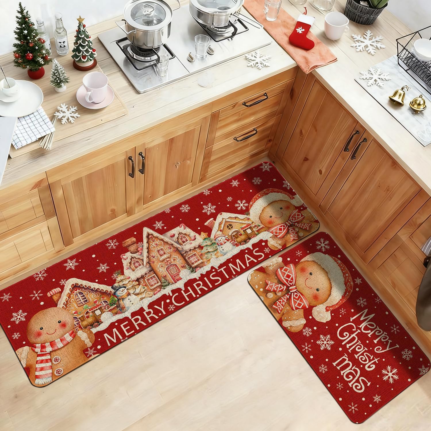 Merry Christmas Kitchen Rugs Set of 2 Non-Slip Christmas Gingerbread Kitchen Mats for Floor Winter Xmas Holiday Low-Profile Washable Home Decor Rug 17x47 Inch and 17x29 Inch