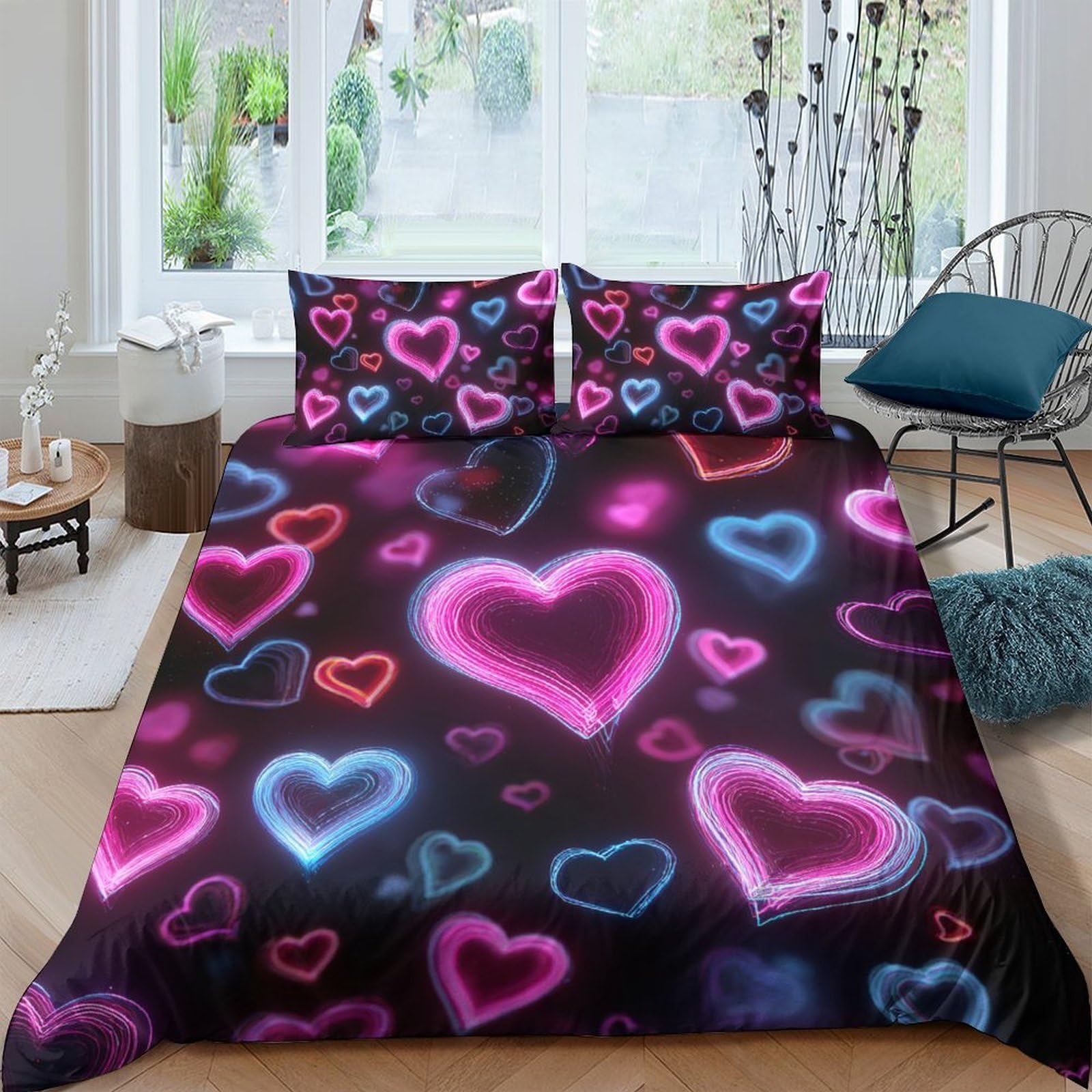 Ctjqhvkz Style-2 3D Printed Neon Heart Fitted Sheet Microfiber Soft Bedroom Decor Glow Love Bed Cover For Mattress Protection Single（135X200cm）