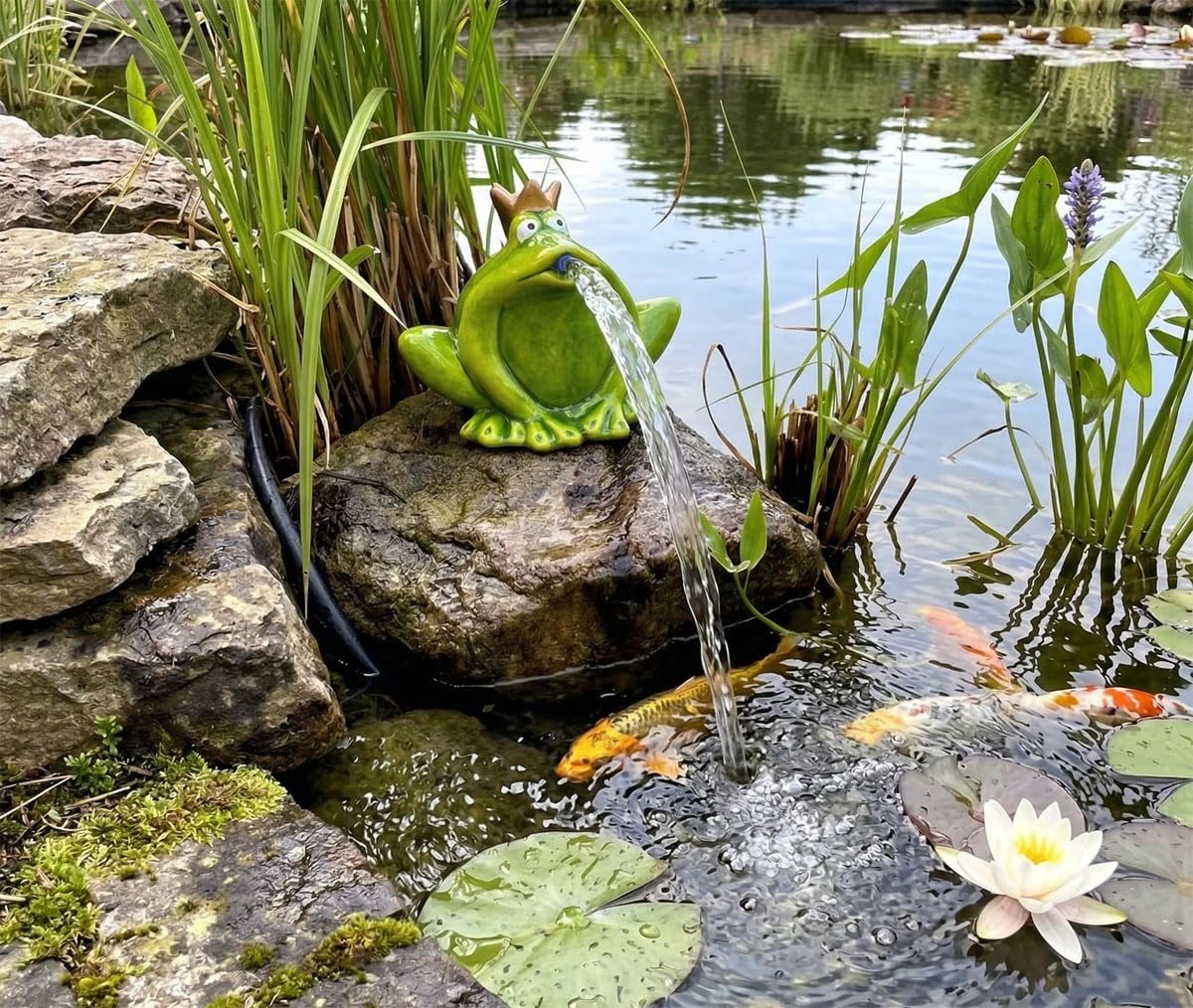 LB H&F Wasserspeier Froschkönig Miniteich mit Pumpe und Netzkabel Teichfigur aus Polyresin Frosch Deko Wasserspiel Gartenfrosch Gartenteich Terrasse/Balkon (Frosch)