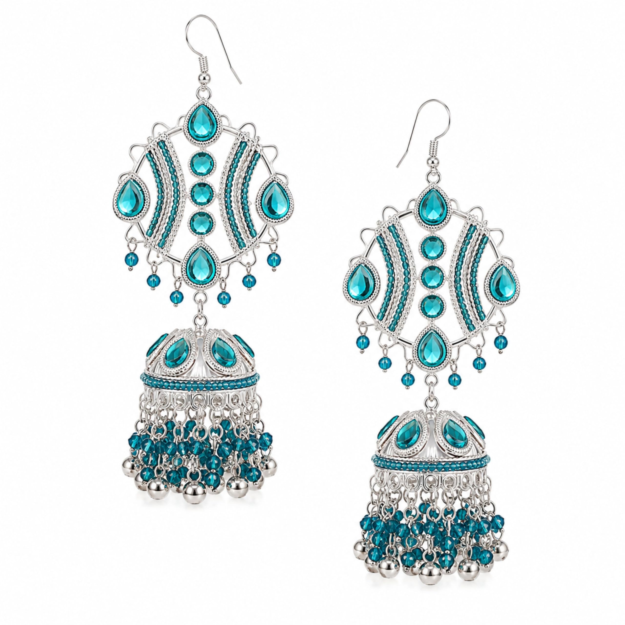 unfoldself Vintage Silver Bollywood Viral Jhumka Earrings | Maula Mere Maula Jhumka Earrings | Statement Ethnic Earrings with Blue Crystal Beads | Oxidised Famous Jewellery for Women & Girls-picture-3