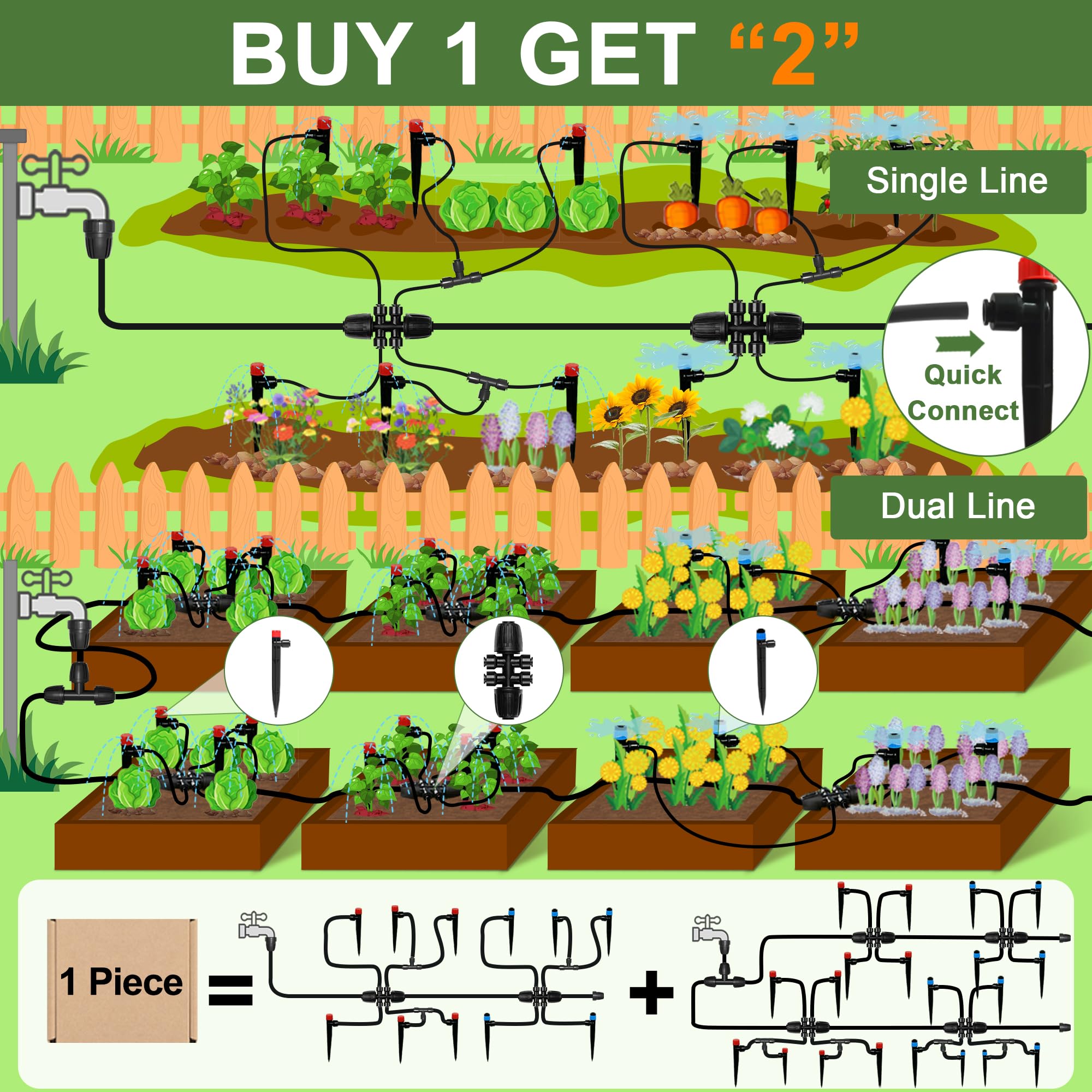 Kit de riego por goteo para jardín, sistema de riego de cama elevada de conexión rápida de 230 pies, accesorios para plantas, kit de línea de goteo para invernadero, juego de microaspersores para