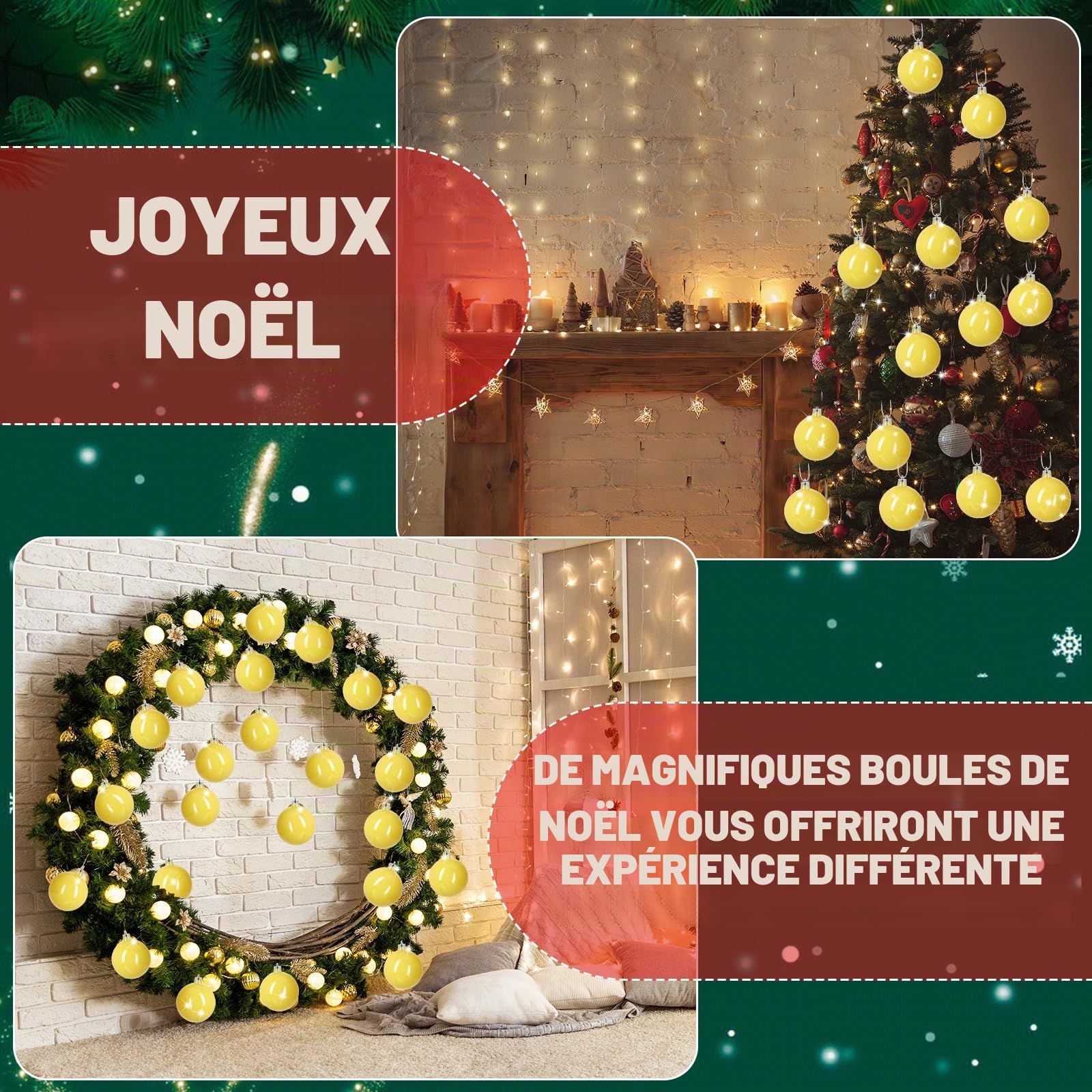 Lot de 12 boules de Noël brillantes pour sapin de Noël à suspendre - 8 cm - Jaune