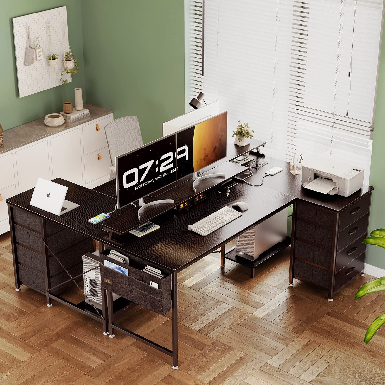 KKL 63 inch L Shaped Computer Desk with USB Charging Port & Power Outlet, L-Shaped Corner Desk with 4 Tier Drawer & Monitor Shelf for Home Office Workstation, Modern Style Writing Table, Black