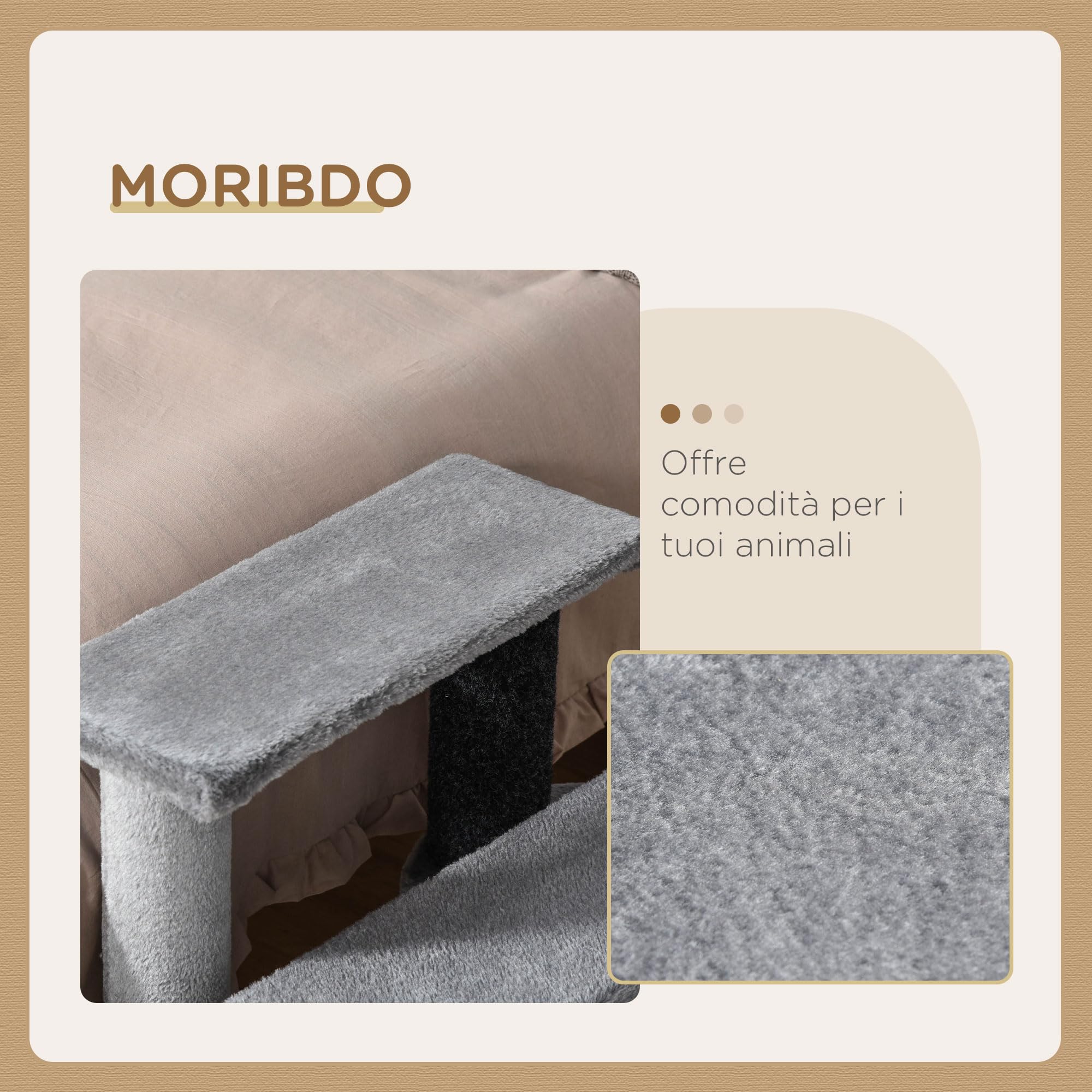 PawHut Scaletta per Gatti a 3 Gradini con Rivestimento in Flanella, Scala per Gatto e Animali Domestici Antiscivolo con Pallina, 45x40x48cm, Grigio