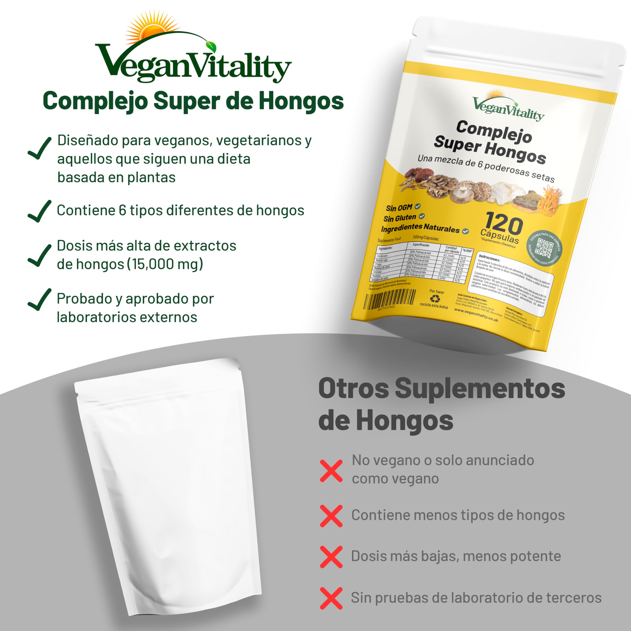 Suplemento de 6 Hongos – Reishi, Melena de León, Cordyceps, Chaga, Shitake y Maitake. 120 Cápsulas. 500mg Por Cápsula.