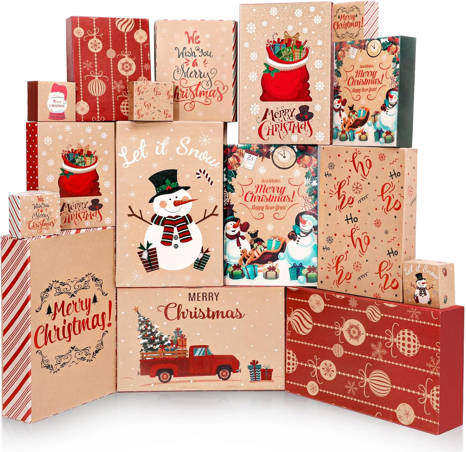 Faccito 16 Pack Christmas Favors Boxes with Lids Assorted Sizes Christmas Favor Wrapping Boxes Decorative Xmas Boxes for Holiday Present Wrapping Decoration (4 Jumbo, 4 Large, 4 Medium, 4 Small)