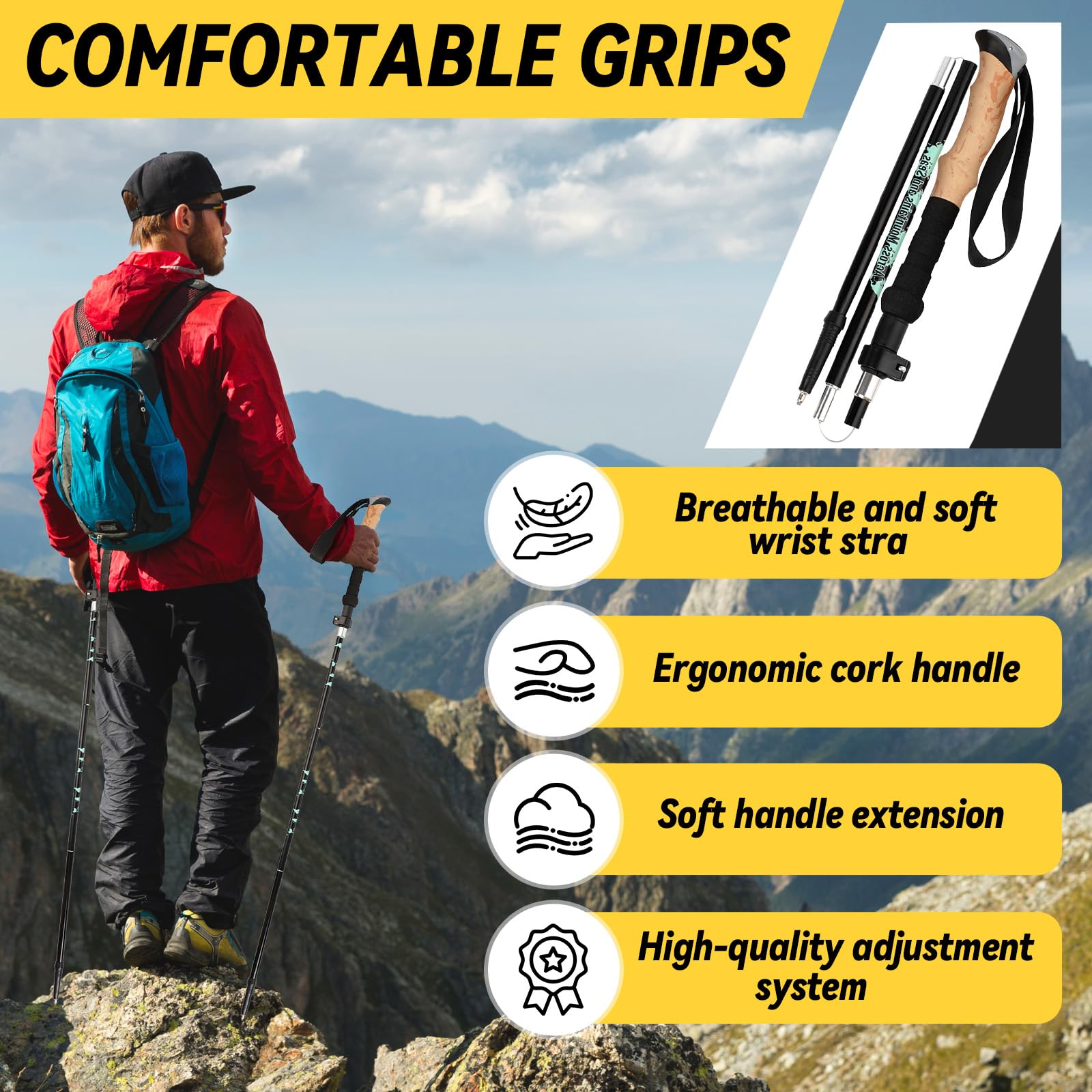 Bastoncini da Trekking Pieghevoli, Bastoni Telescopici da Trekking con Manico in Sughero, 6 Paia di Puntali in Gomma, Adatto per Escursioni, Alpinismo e Viaggi, Nero