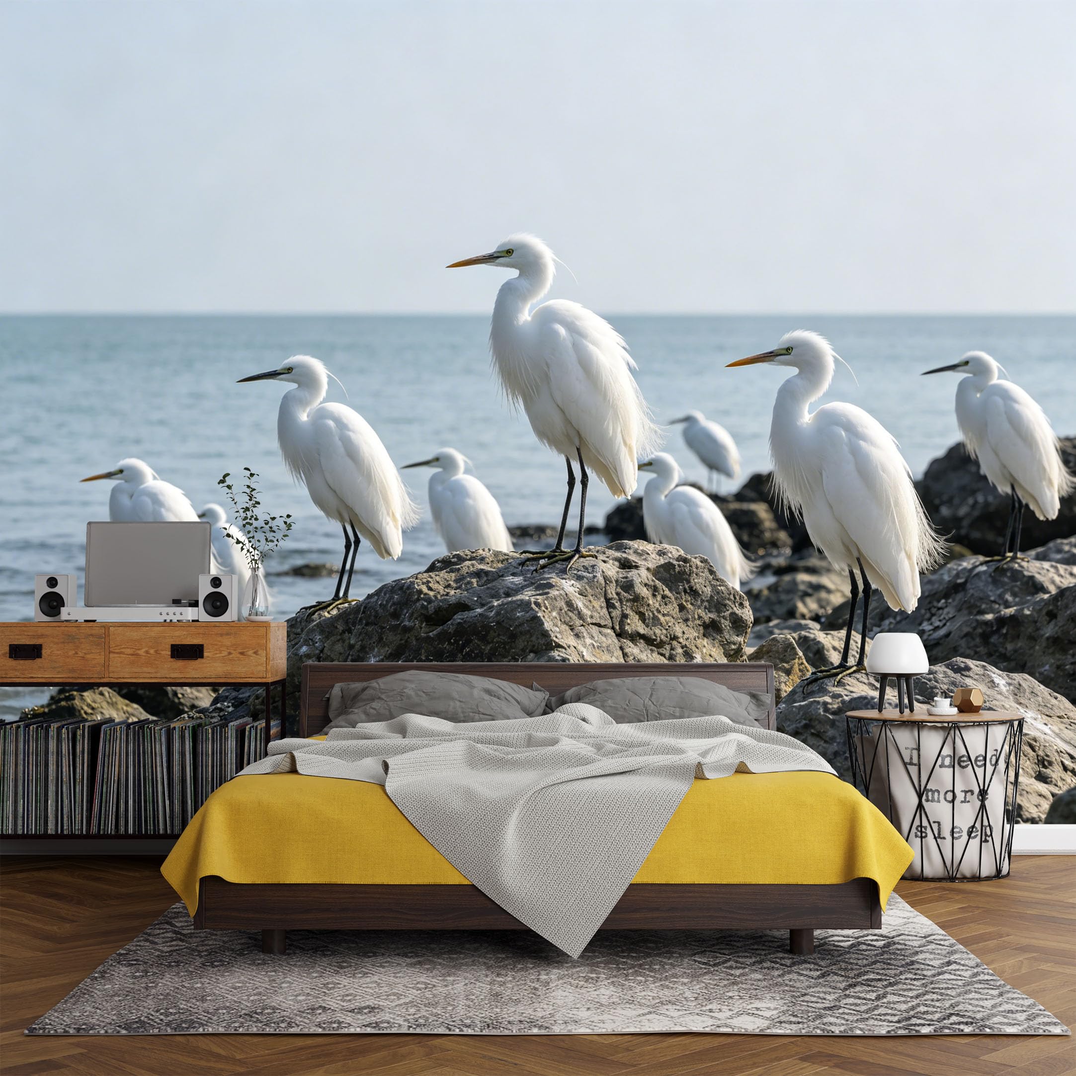 Custom Size Wall Mural， Coastal White Egret Seaside Rocks Ocean View Nature Landscape，SelfAdhesive Art Prints wall Fabric (No PVC) Removable Wallpaper Living Room Decor