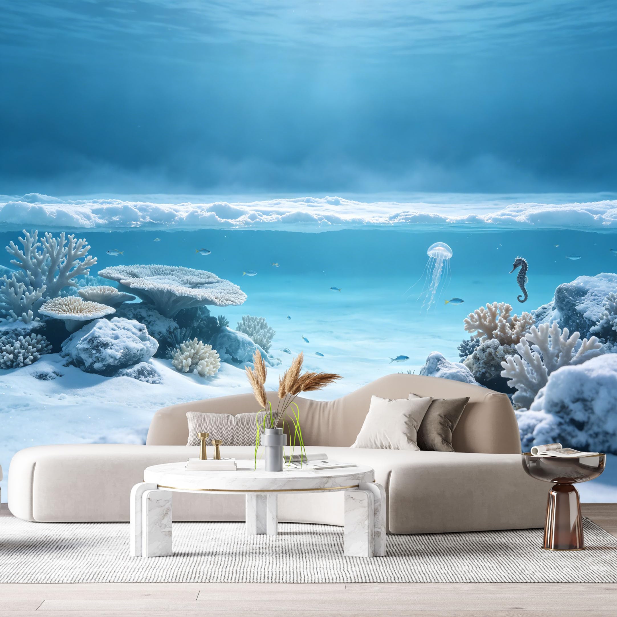Custom Size Wall Murals Ocean Marine 3D Jellyfish Seahorse Coral Reef SelfAdhesiveWall Fabric Removable Wallpaper Wall Decor for Living Room Bedroom Bathroom