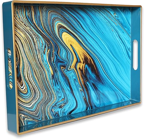 Miniatura 39 de Spsyrine Bandeja para servir, bandeja rectangular de plástico para mesa de centro con asas, bandeja decorativa de mármol para sala de estar
