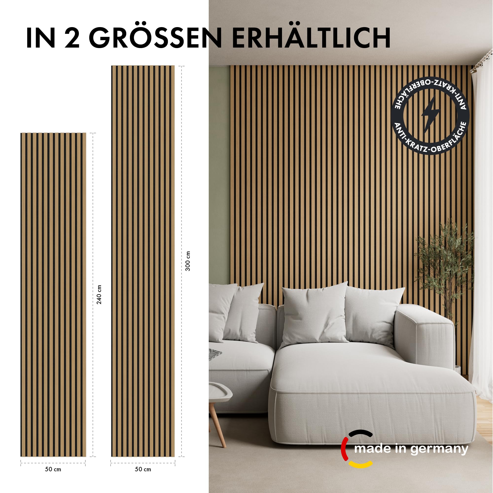 Momento Akustikpaneele Holz 240x50 cm - Made in Germany - Eiche Geölt Dekor - Wandverkleidung Wandpaneele Holz Eiche als 3D Lamellenwand für effektiven Schallschutz - Akustik Holzpaneele Wand
