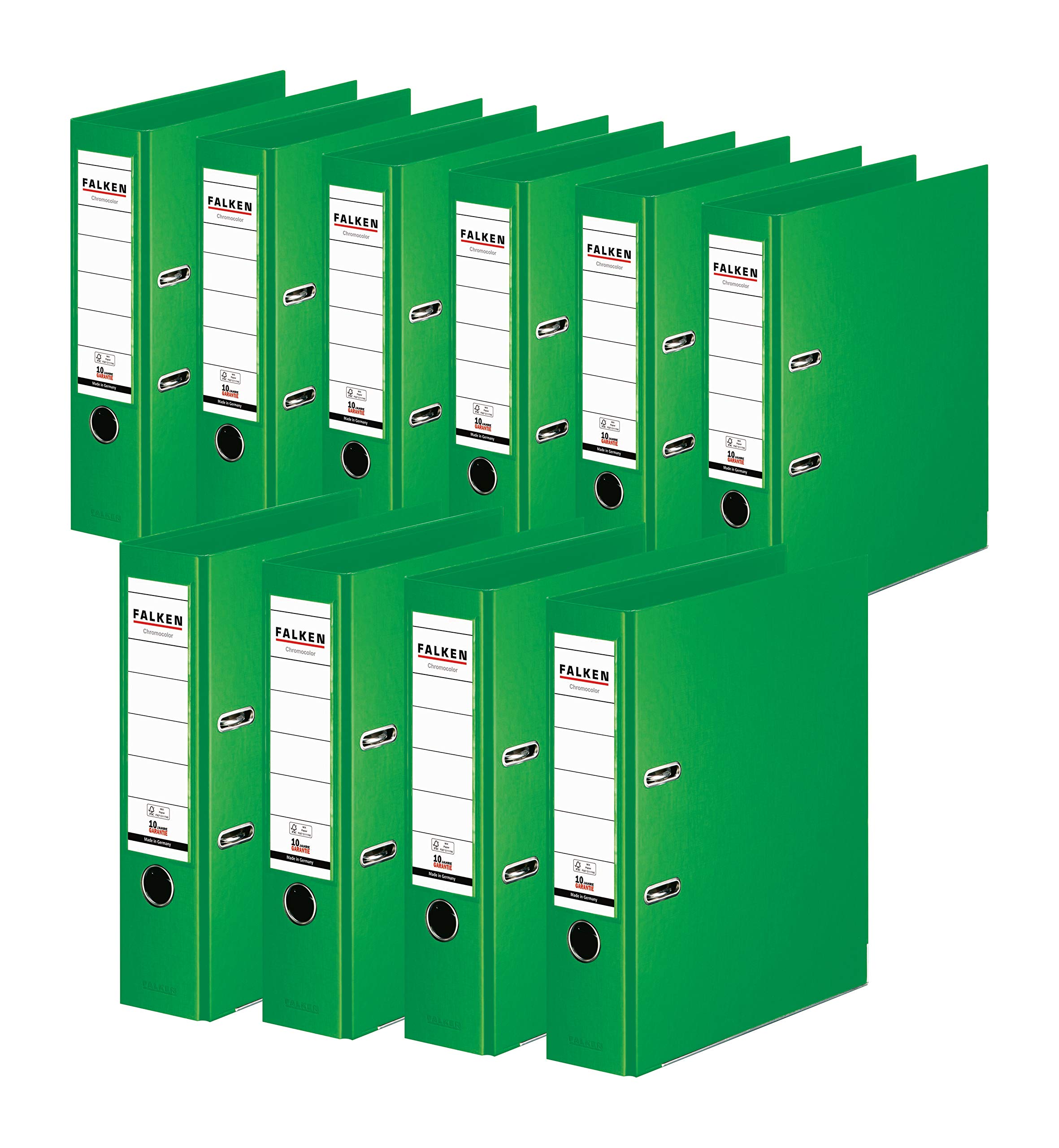 Falken lot de 10 classeurs Chromocolor. 8 cm DIN A4 vert clair pastel. Fabriqué en Allemagne. Classeur à anneaux, à lettres, de bureau, en plastique.