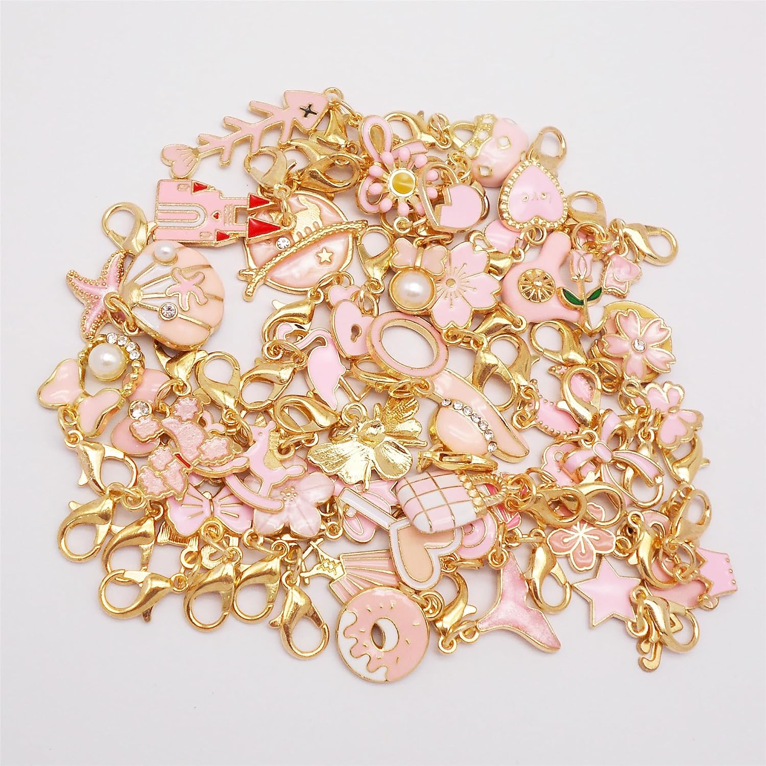 60pcs(30 Pairs) Pink Theme Enamel Fruit Moon Star Animals Charms with Lobster Clasp, 0.35-1.77 inch, Assorted Design for Jewelry Making and Crafts