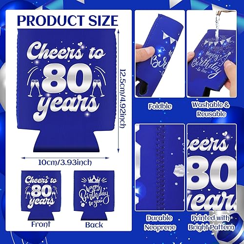 Miniatura 7 de Decoración de manga enfriadora de latas de cumpleaños número 80, 12 unidades, recuerdos de fiesta de 80 para hombres y mujeres, suministros de