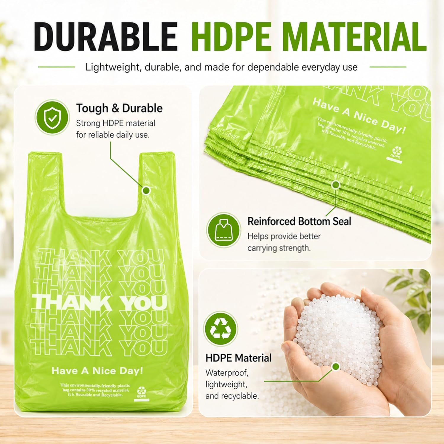 YoYoRain 100 Pack “Thank You” T-Shirt Bags – Green Plastic Shopping Bags with Handles, for Retail, Grocery, Supermarket, Takeout
