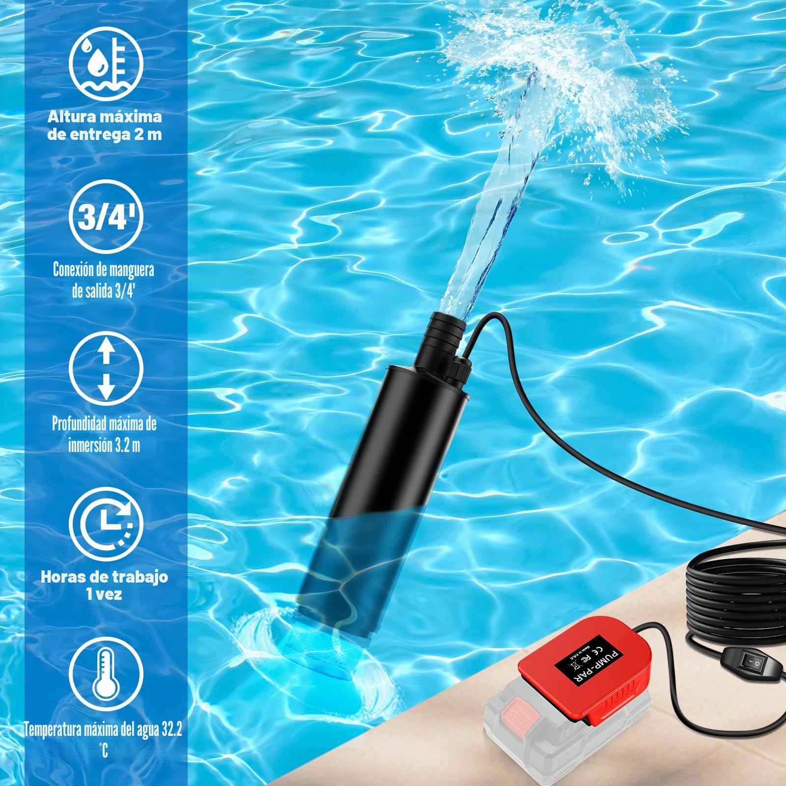 Bomba de agua portátil compatible con batería Parkside de 20 V, velocidad de ralentí del motor 4500 rpm, caudal de 30 l/min, bomba de agua accionada de 15 pies y 120 W para jardín, camping, piscina