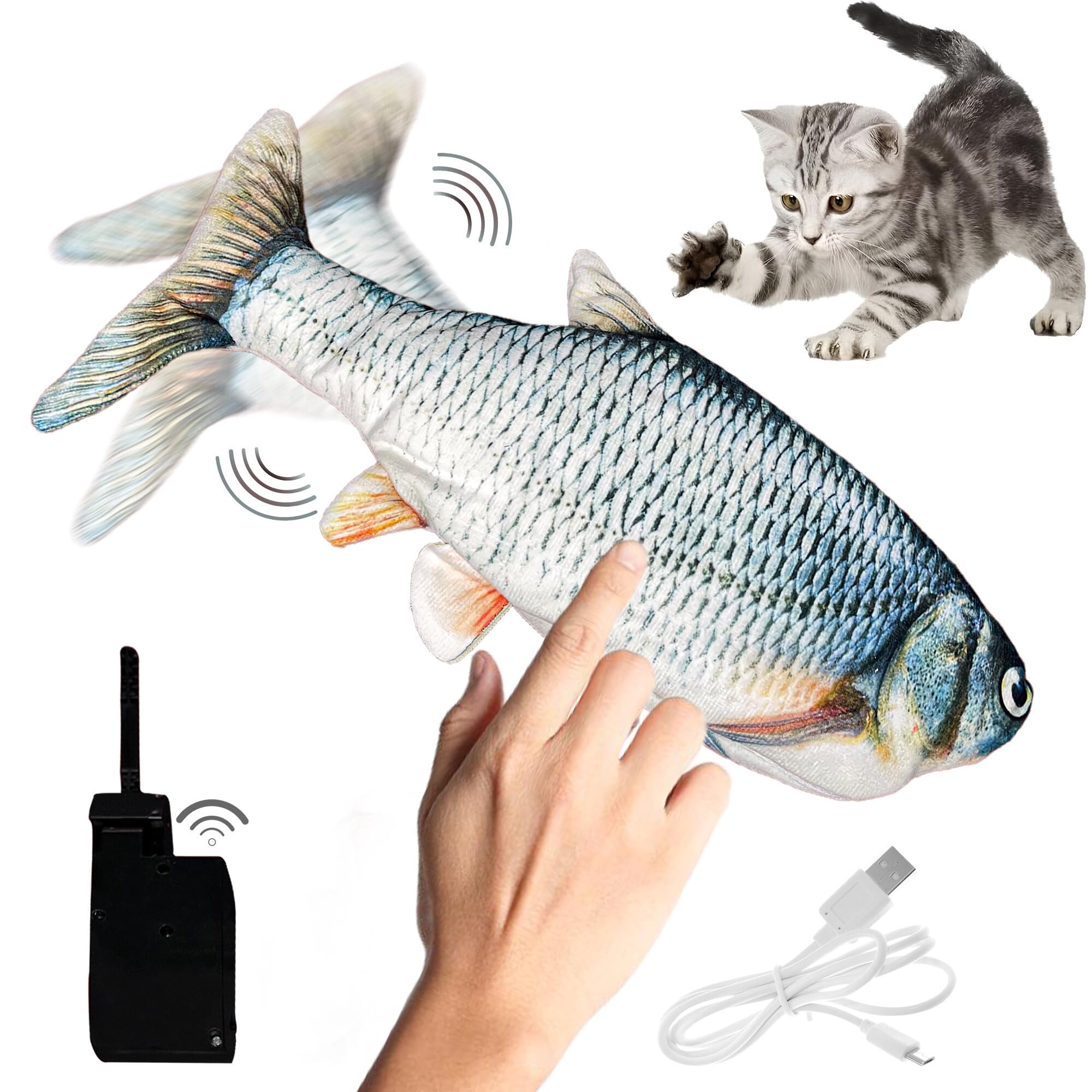 KOKU HOME Juguetes para Gatos Pez - Juguetes Gatos Interactivos Táctil con Carga por USB - Juguete Gatos Movimiento con Materiales Pet Friendly - Accesorios Gatos Pequeños y Adultos (Azul)