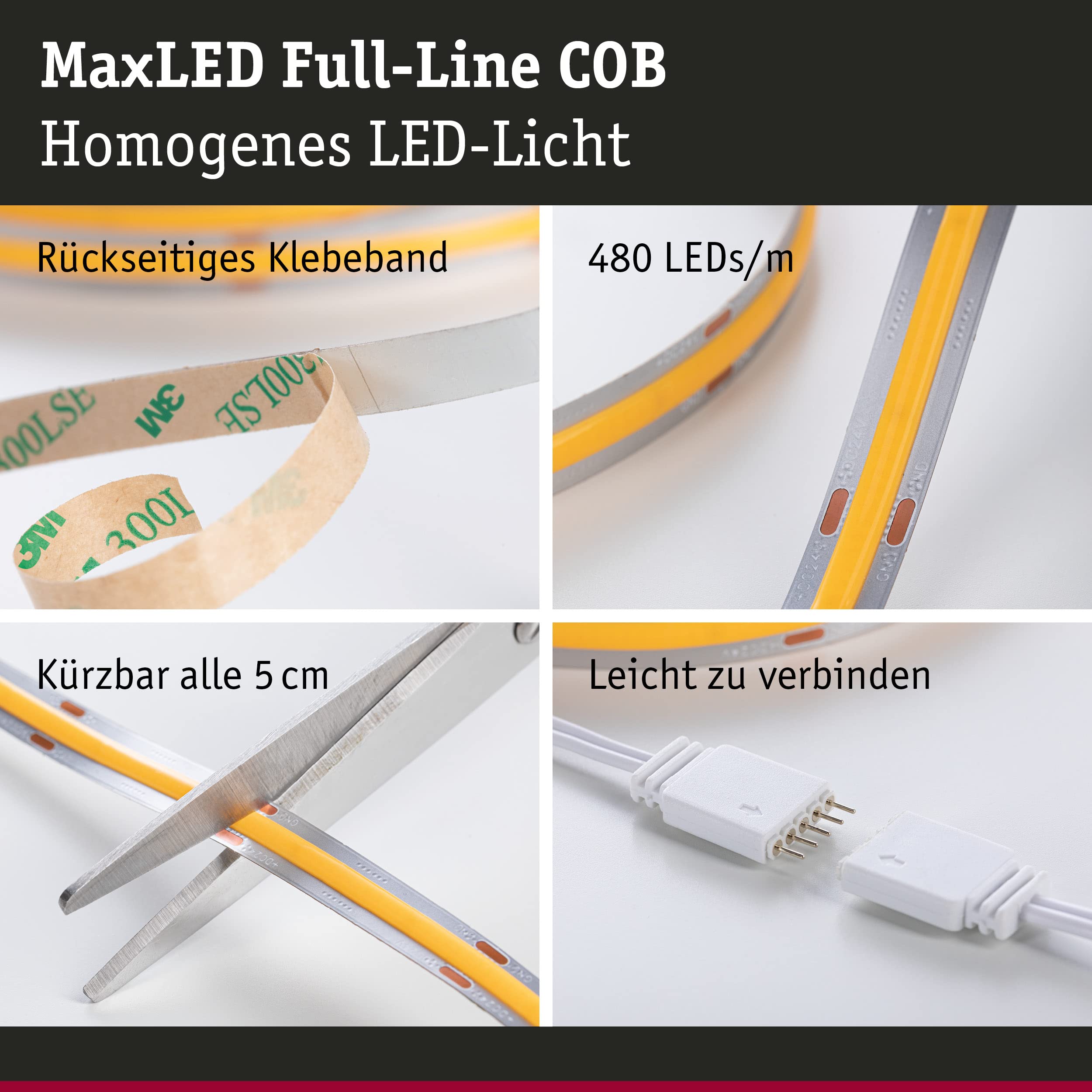 Paulmann 71048 MaxLED 1000 LED Strip Full-Line COB Komplettset 1,5m 18W 1620lm 528LEDs/m 2700K 40VA dimmbar Silber Kunststoff