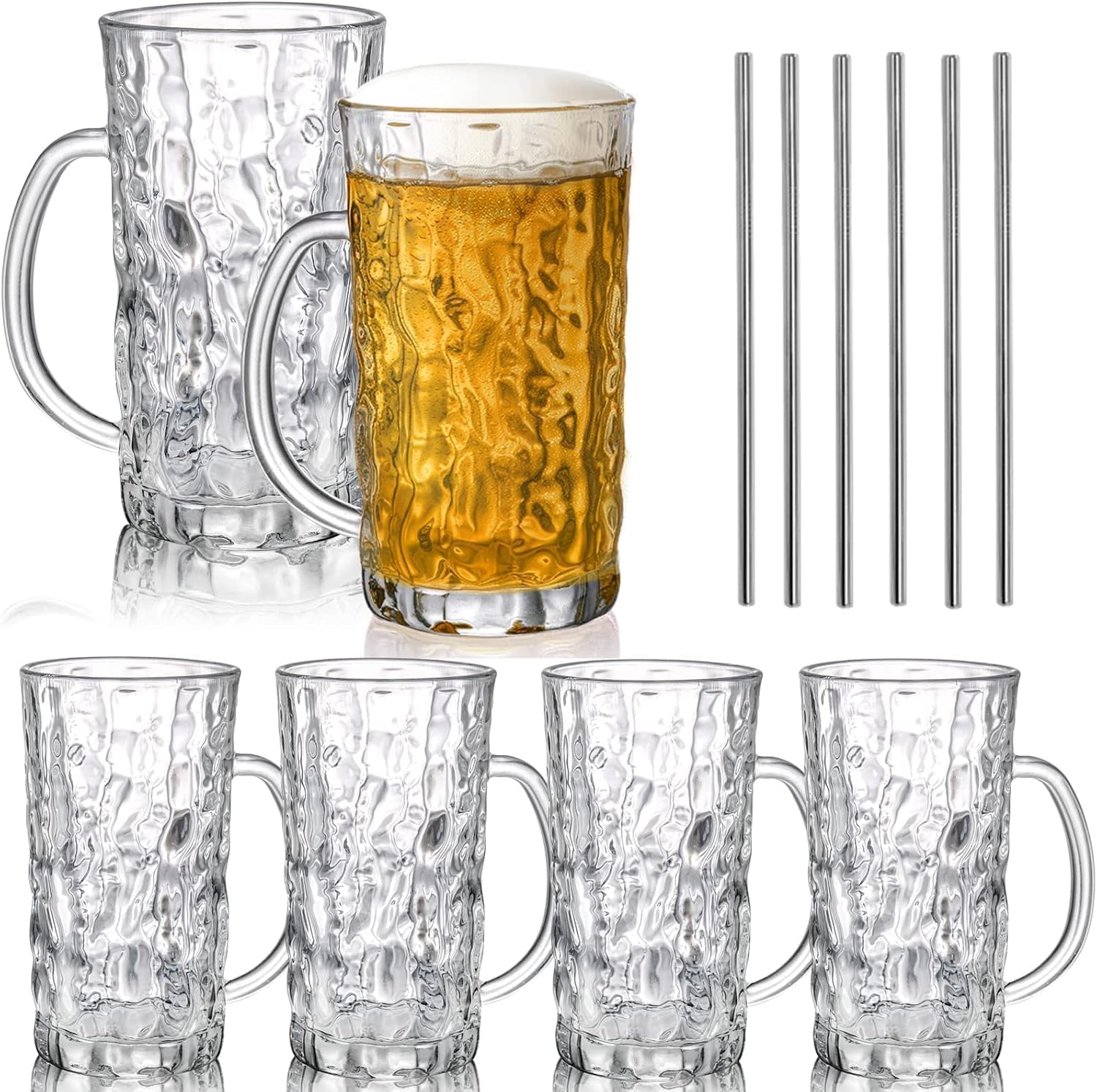 Lyellfe Set of 6 Glass Beer Mug, 530ml/ 18 Oz Large Beer Glasses with Handle Straw, Solid Clear Drinking Glassware Beer Cups for Freezer, Great for Cocktail, Juice, Soda, Beer, Whiskey, Beverage