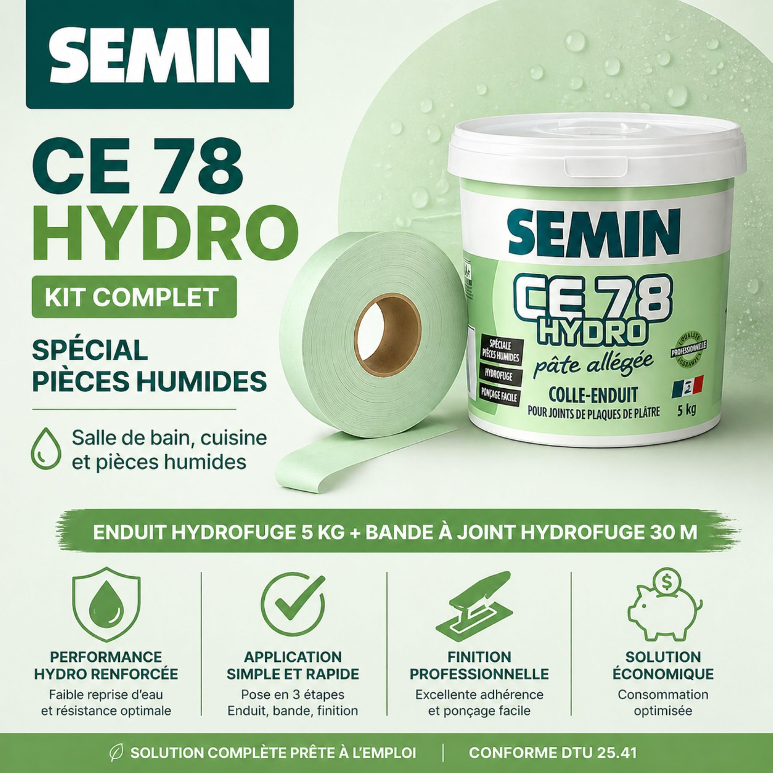 SEMIN Enduit pièce humide CE 78 Hydro 5 kg + bande à joint hydrofuge 30 m – salle de bain et cuisine – 10 m²
