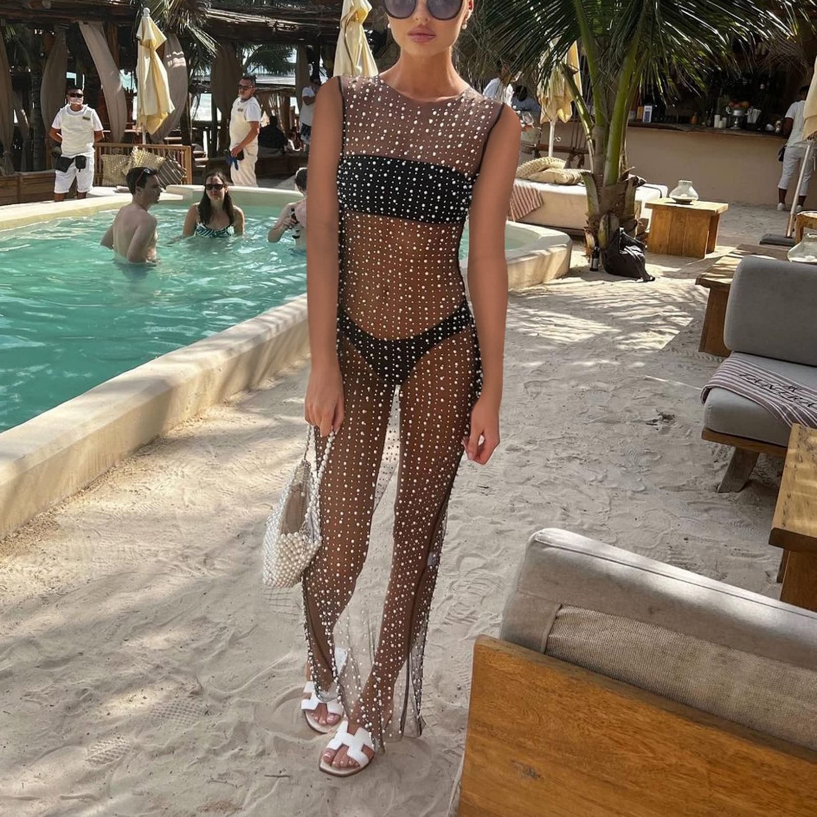 Chloefairy Vestido de malla con diamantes de imitación para mujer, vestido sexy y transparente para traje de baño, traje de baño, ropa de playa