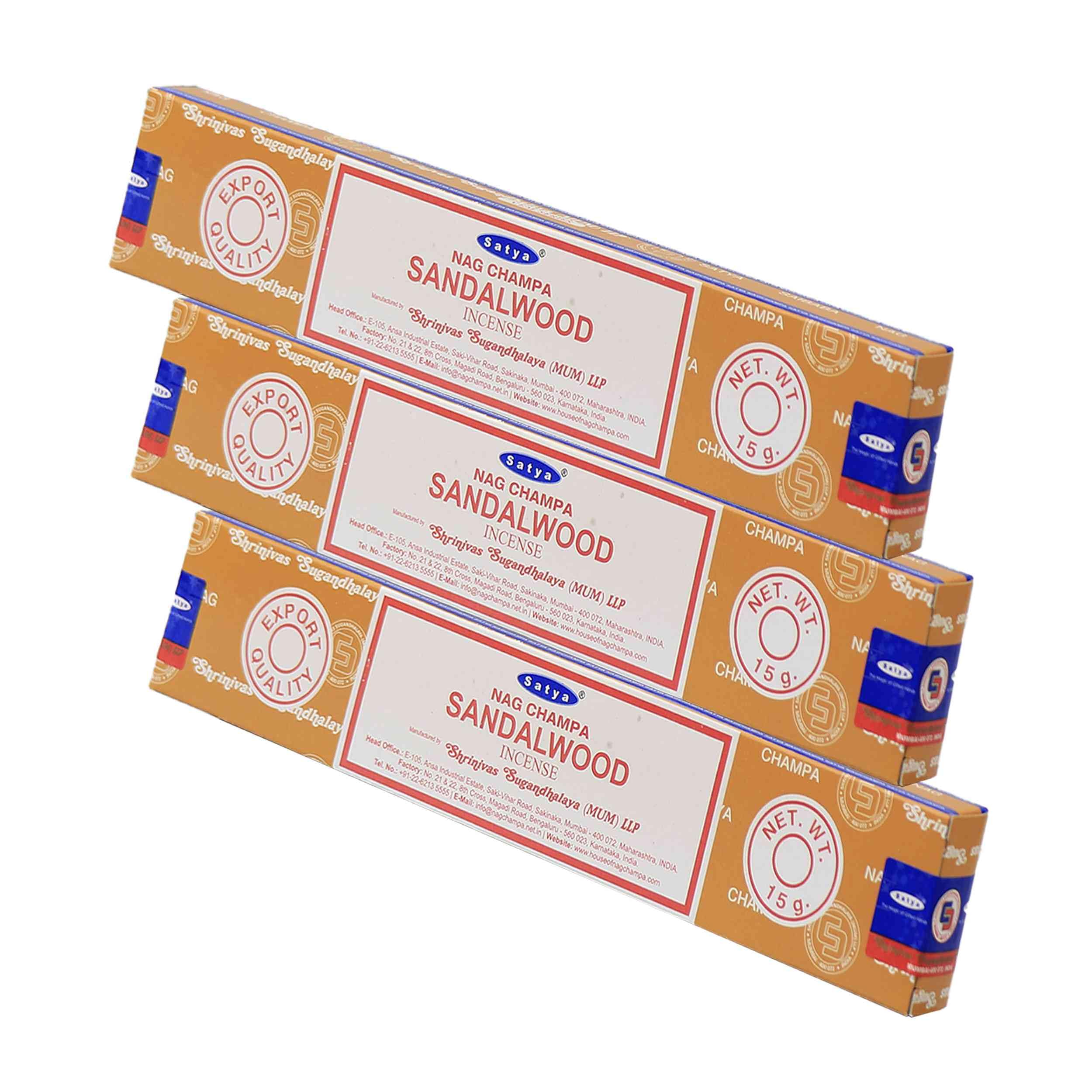 NKlaus 3 x Satya Nag Champa Sandalwood Incense Sticks, 45 g, Hand Rolled Incense from India with Warm Santalum Fragrance, for Meditation and Balancing