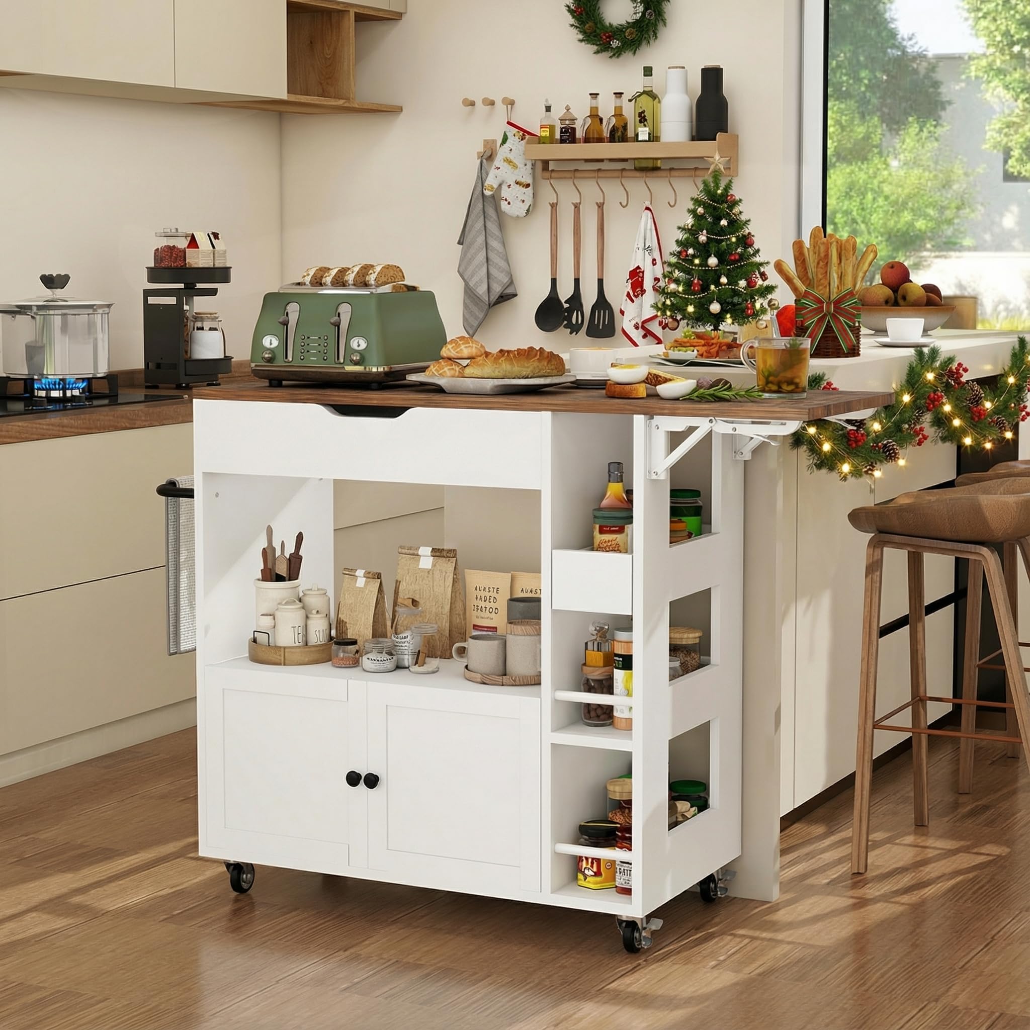 ARTETHYS Kücheninsel mit Klappbarer Arbeitsplatte, Rollwagen mit Schubladen und Türen, Servierwagen, Buffetschrank für Küche, Esszimmer & Outdoor, Weiß