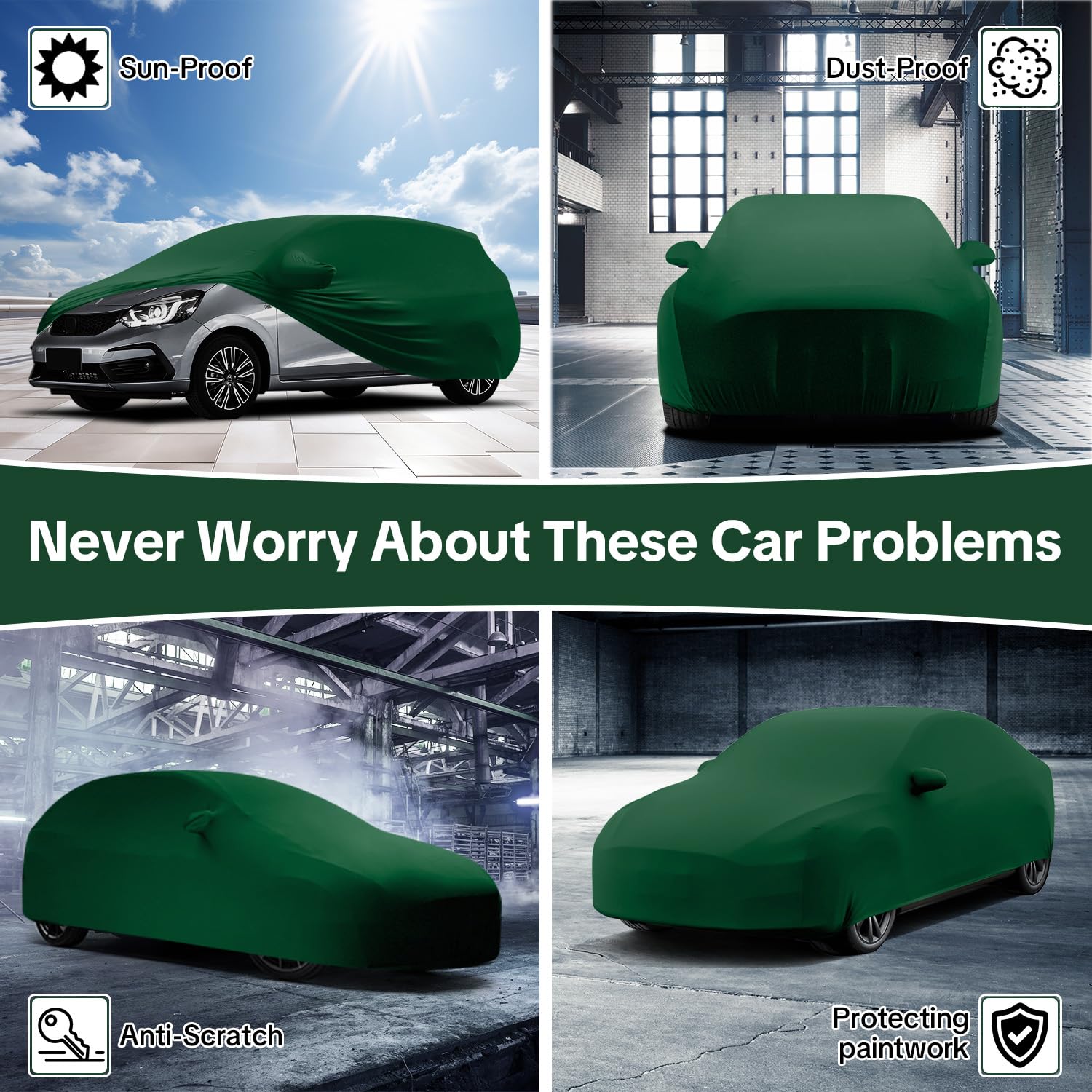 WinPower Funda Coche Interior Antipolvo Transpirable Elástica Lona Cubre Funda Protectora Completa Suave Antiarañazos Hatchback Cubierta para Garaje Exposición de Coches Verde, 3.95-4.25M, 1 Pieza