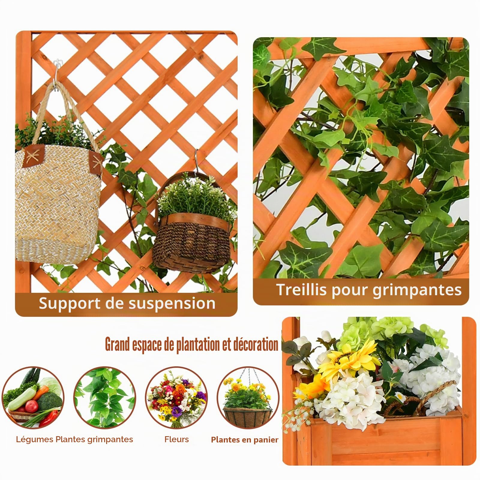 HOMASIS Jardinière avec treillis - 180 cm - Jardinière surélevée en bois avec treillis et trou de drainage - Parterre de fleurs pour plantes grimpantes, bac à fleurs pour balcon, jardin, terrasse,