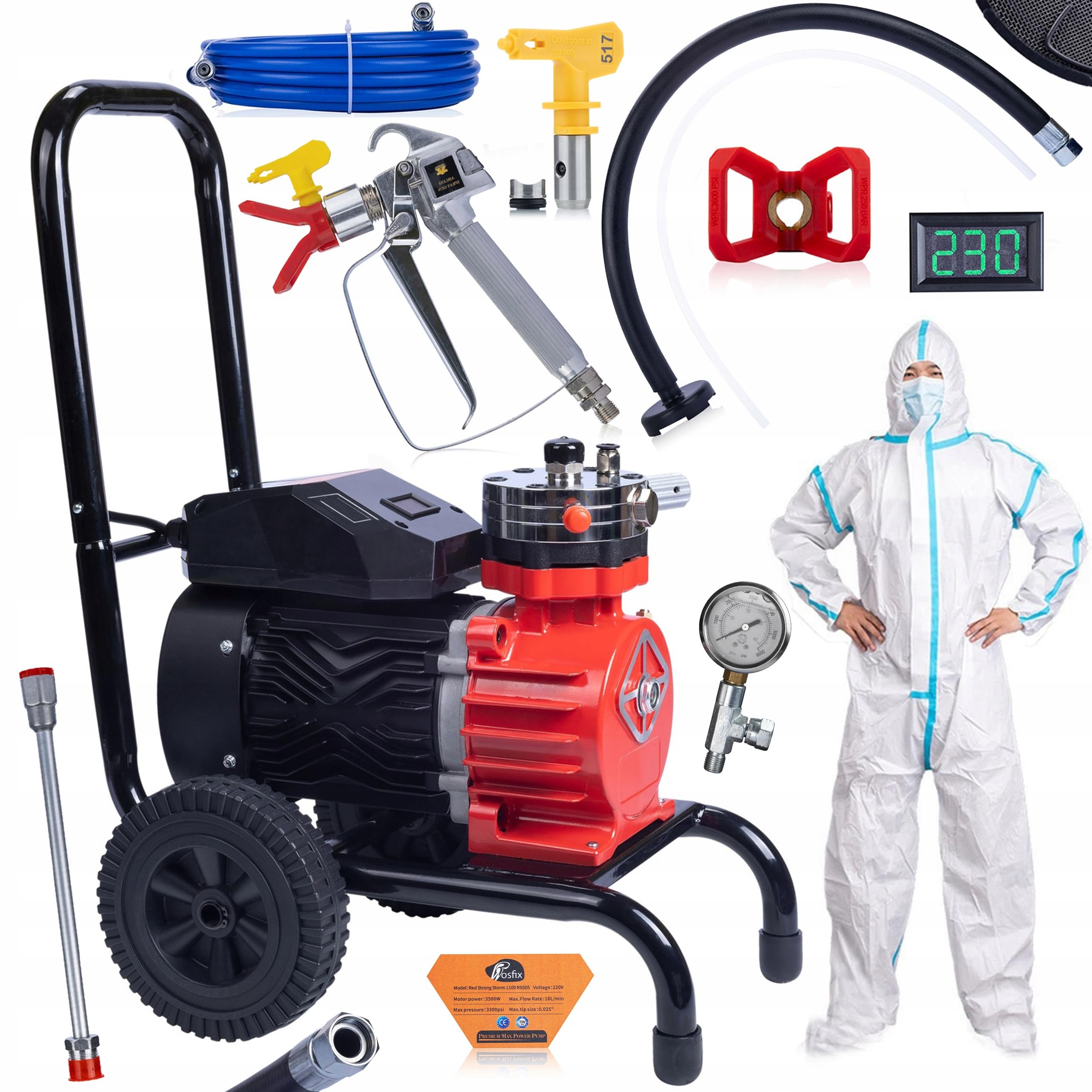 Rosfix Zestaw Red Strong Storm 1100 RSS05 – Airless urządzenie natryskowe 3500 W, 22 MPa, 18 l/min | wyświetlacz LCD, wąż 8 m, pistolet, dysza 517, kombi | profesjonalne akcesoria do lakierowania