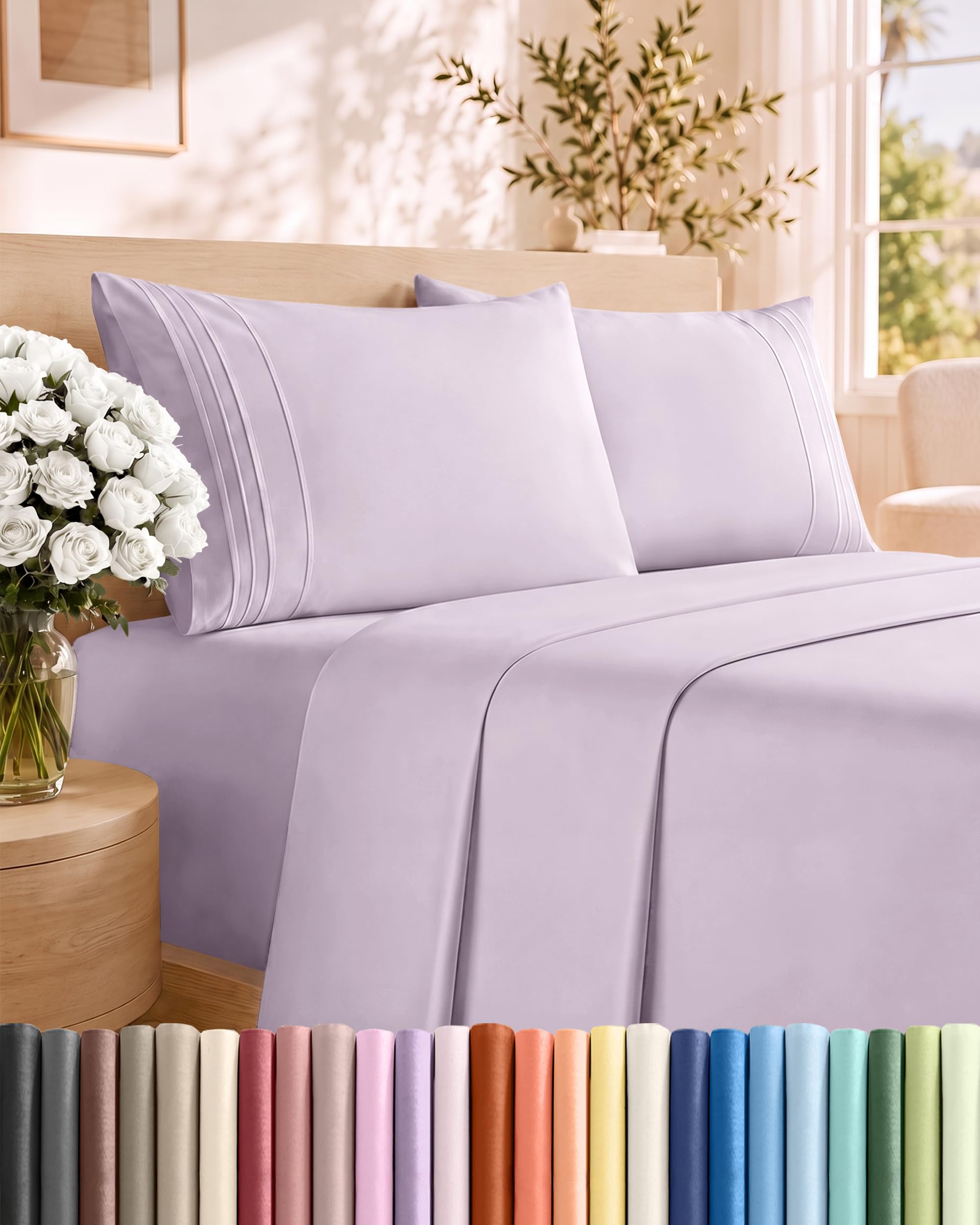 Cal King Size 4 Piece Sheet Set - Breathable &amp; Cooling - Light Lavender