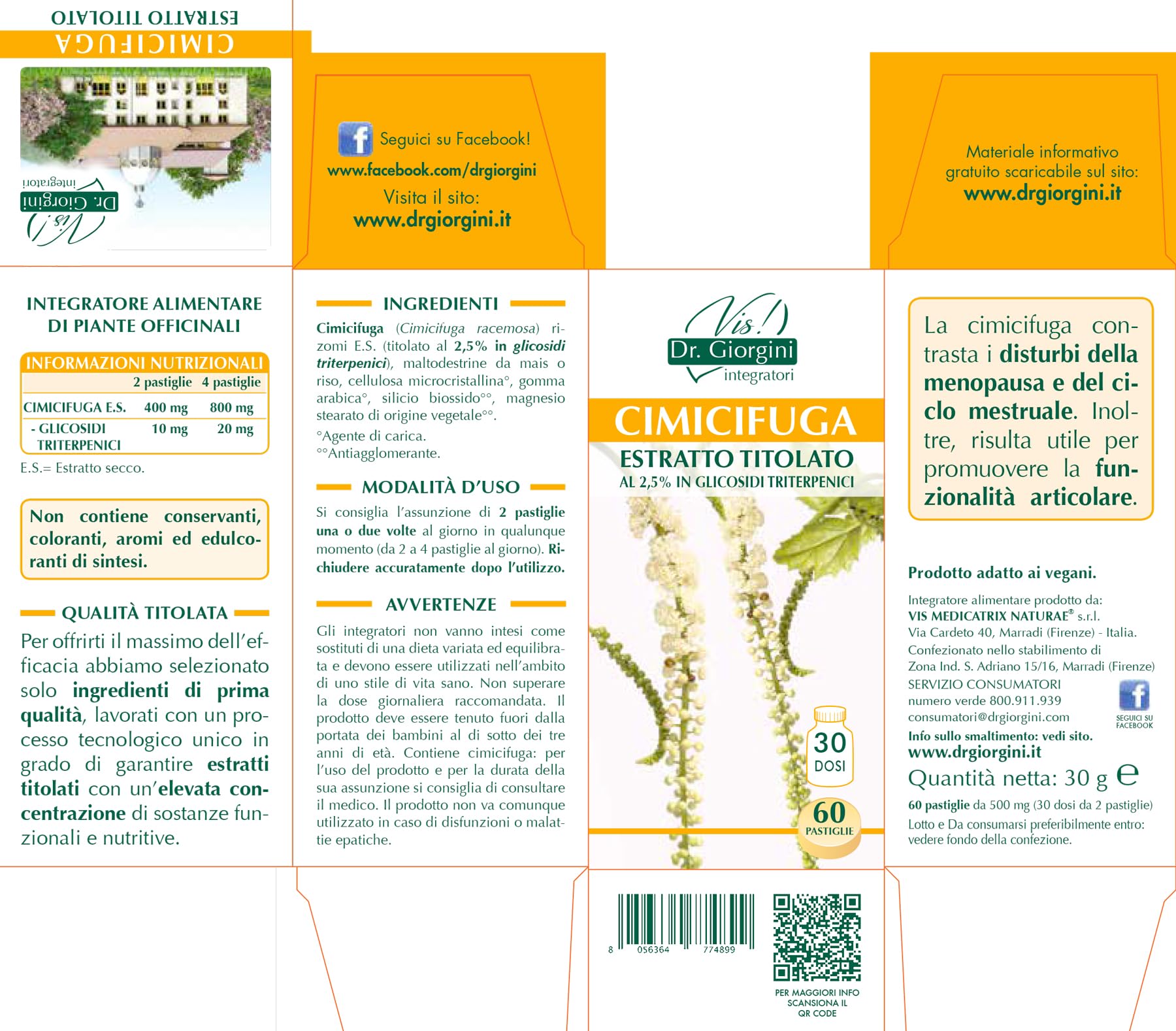 Dr Giorgini Integratore Alimentare, Monocomponenti Erbe Cimicifuga Estratto Titolato al 2,5% in Glicosidi Triterpenici Pastiglie - 30 g